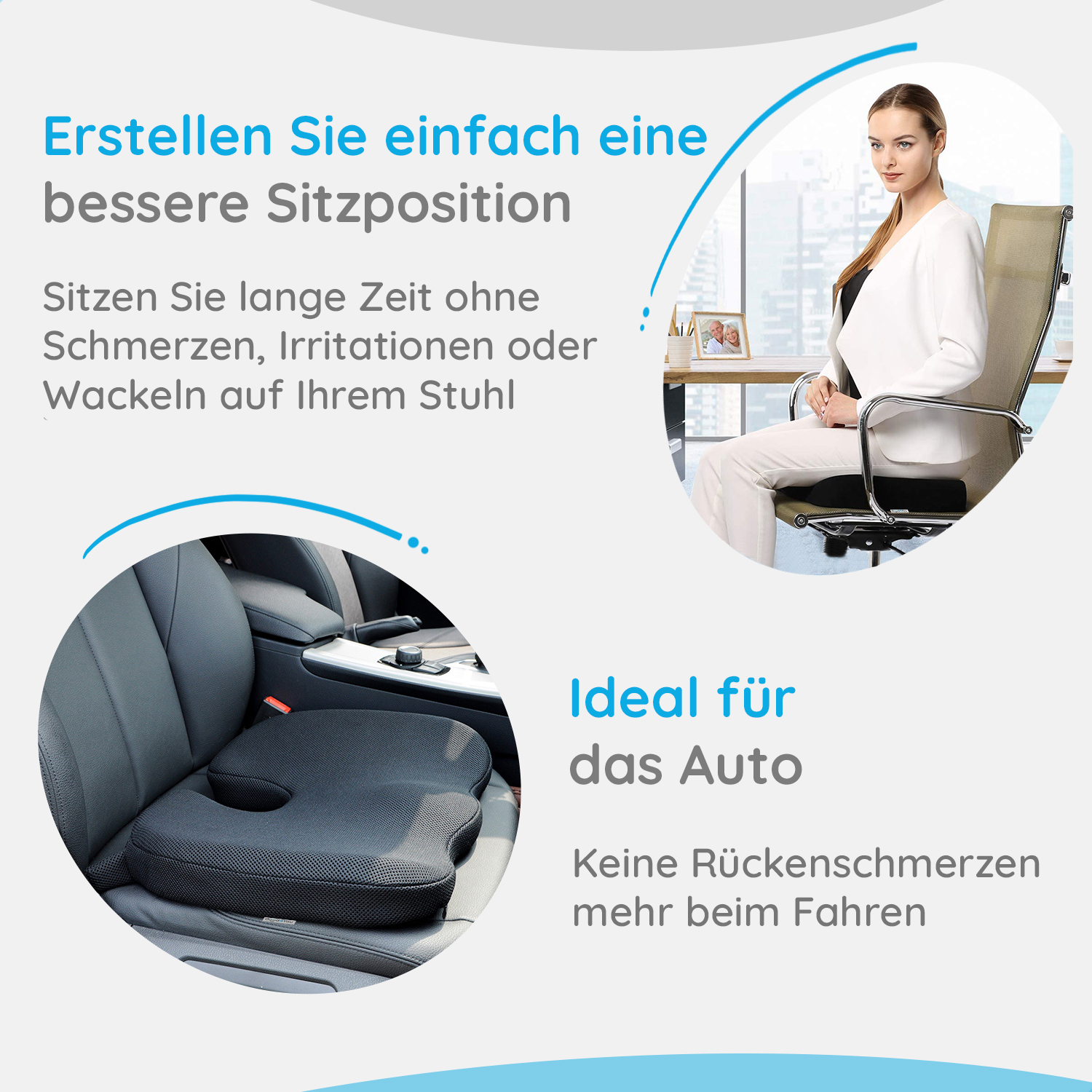 Das Bild zeigt eine Frau, die auf einem Stuhl mit einem Kissen sitzt. Es gibt auch einen Autositz mit einem Kissen darauf. Text wirbt für eine bessere Sitzhaltung.