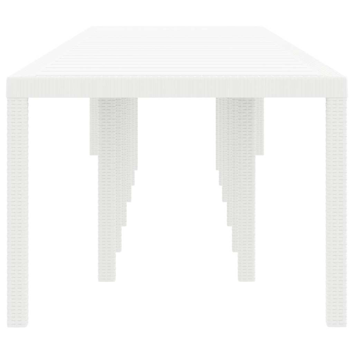 Ein weißer rechteckiger Tisch mit Lamellenoberfläche und mehreren Beinen vor weißem Hintergrund. Die Beine haben eine strukturierte Optik.