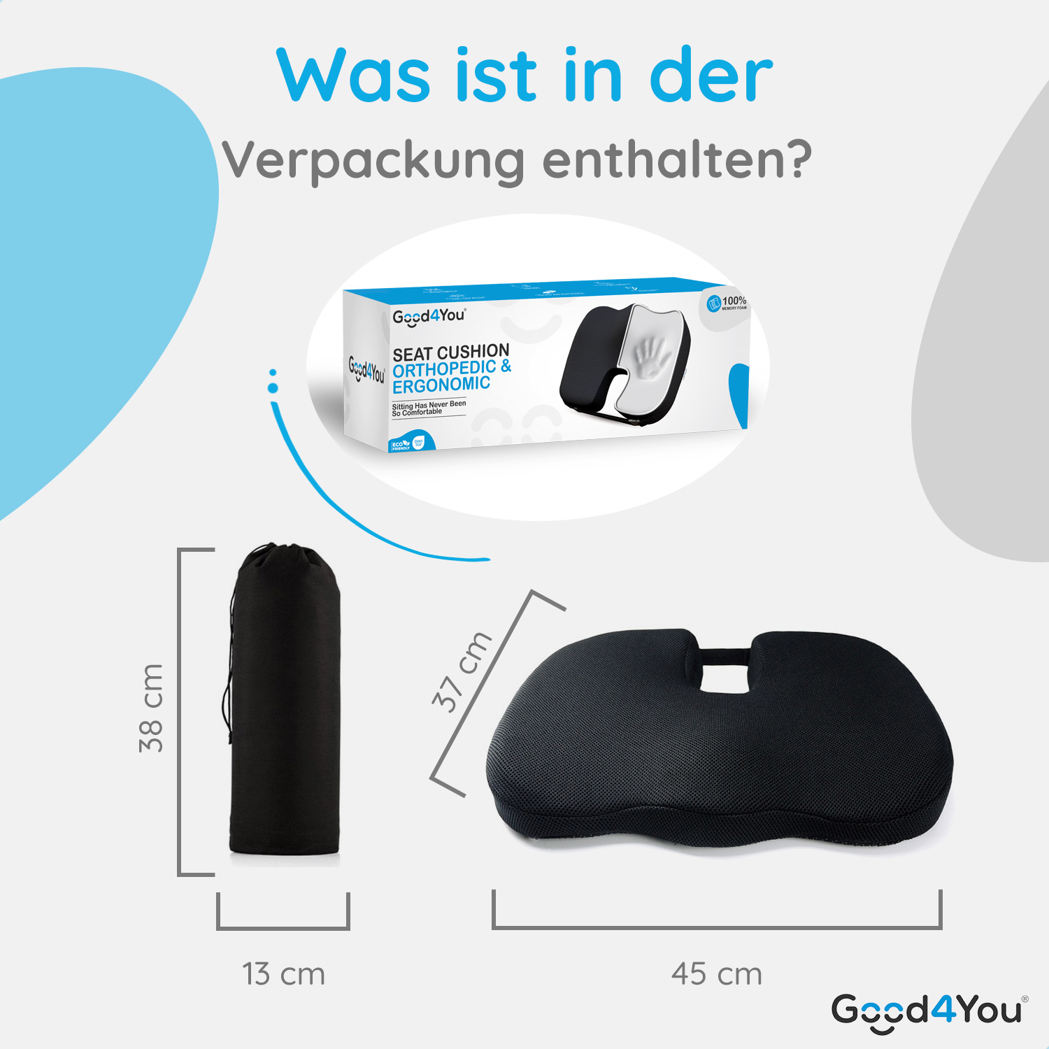Das Bild zeigt ein Sitzkissen, seine Verpackung und eine schwarze Tasche. Die Maße sind in cm angegeben. Der Text 'Was ist in der Verpackung enthalten?'.