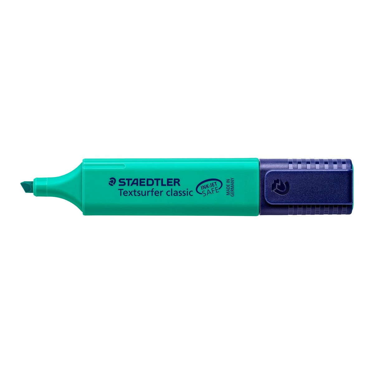 Ein grüner Staedtler Textsurfer classic Textmarker. Die Kappe ist dunkelblau. Die Spitze ist grün.