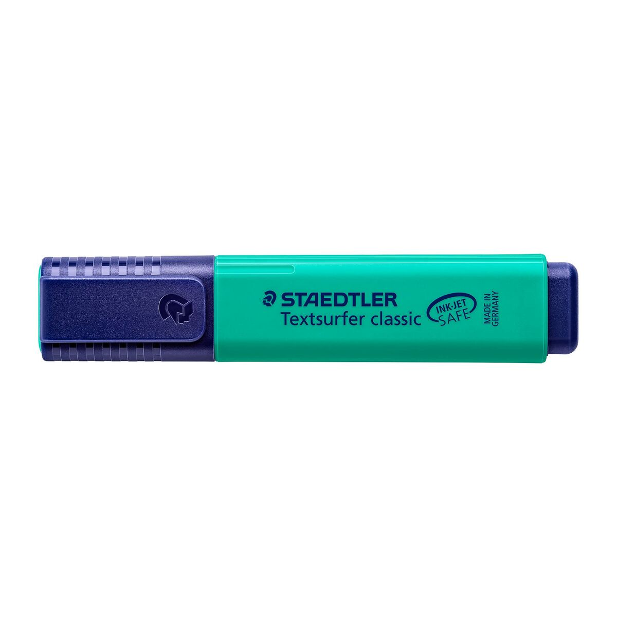 Ein grüner und blauer Staedtler Textsurfer Classic Textmarker. Der Stift liegt auf einer weißen Oberfläche.