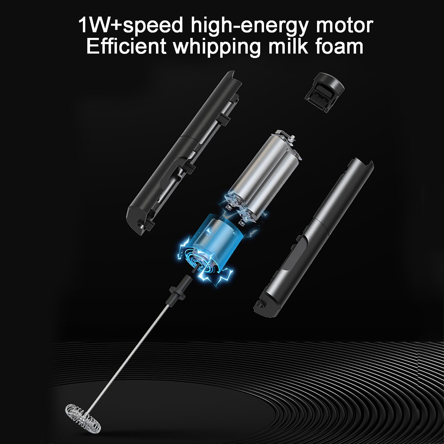Explosionsansicht eines Milchaufschäumers. Teile umfassen Motor, Schneebesen und Gehäuse. Elektrische Funken um Motorkomponenten.