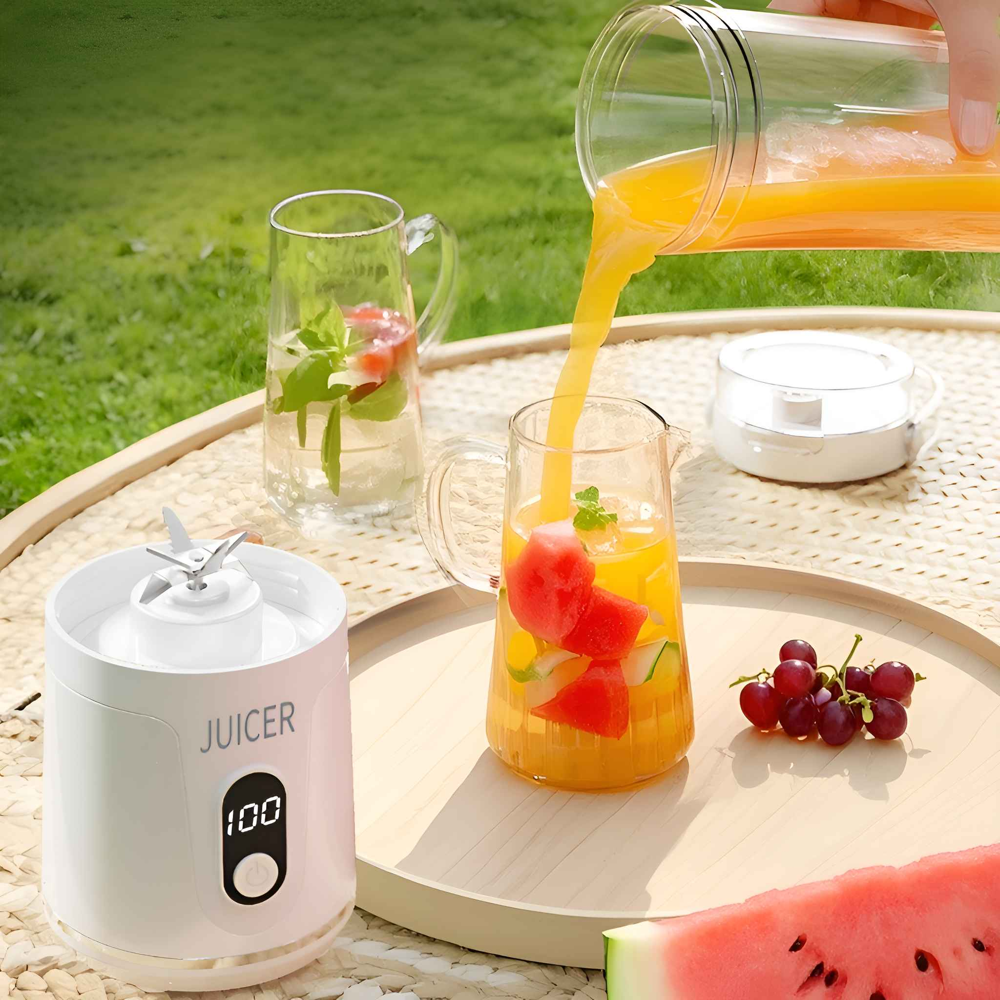 Saft wird in ein Glas mit Wassermelone und Trauben auf einem Tablett gegossen, mit einem Entsafter und einem Glas Wasser.