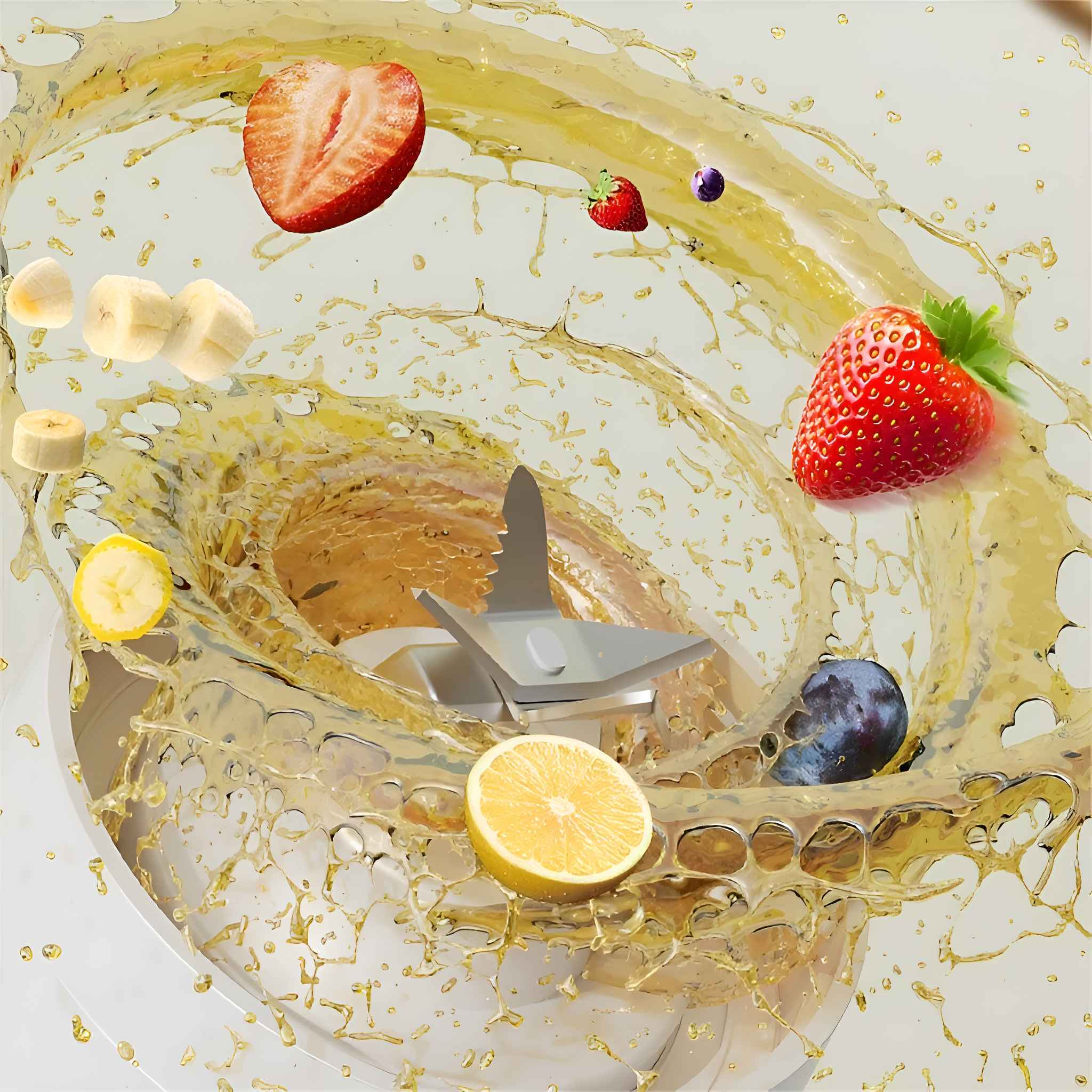 Ein Mixer mit Früchten wie Erdbeeren, Bananen und einer Zitrone. Goldene Flüssigkeit wirbelt um die Klingen und deutet auf einen Smoothie hin.