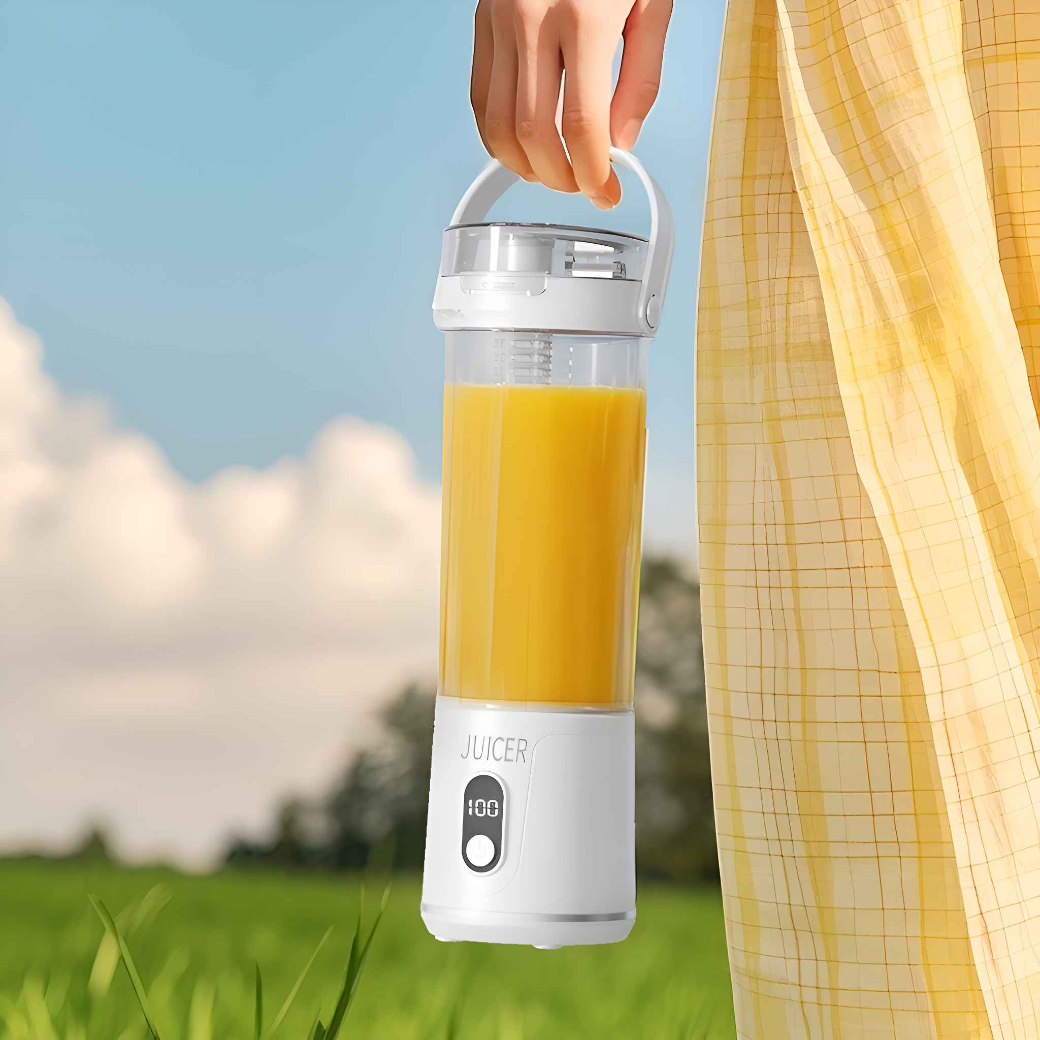 Eine Person hält einen weißen Entsafter mit orangener Flüssigkeit. Die Szene umfasst blauen Himmel, grünes Gras und gelben Stoff.