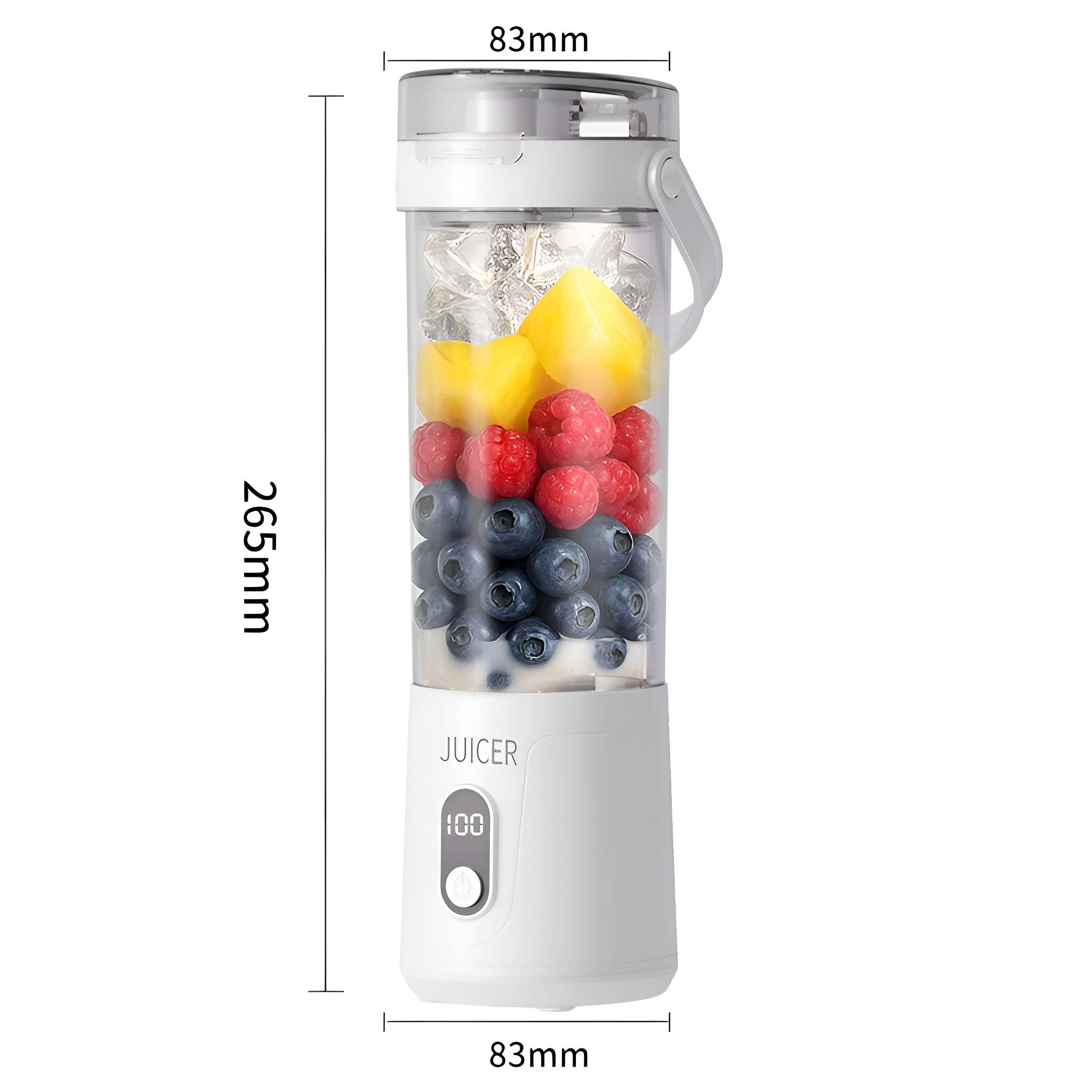 Ein weißer Entsafter mit Früchten, darunter Ananas, Himbeeren, Blaubeeren und Eis. Die Abmessungen sind in mm angegeben.