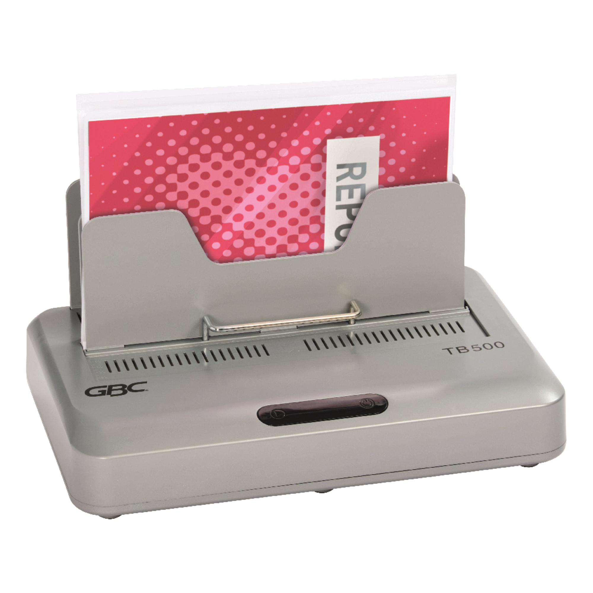 Ein graues GBC TB500-Dokumentbindegerät mit einem Stapel rot-weißer Papiere mit der Aufschrift 'REPORT' im Fach.