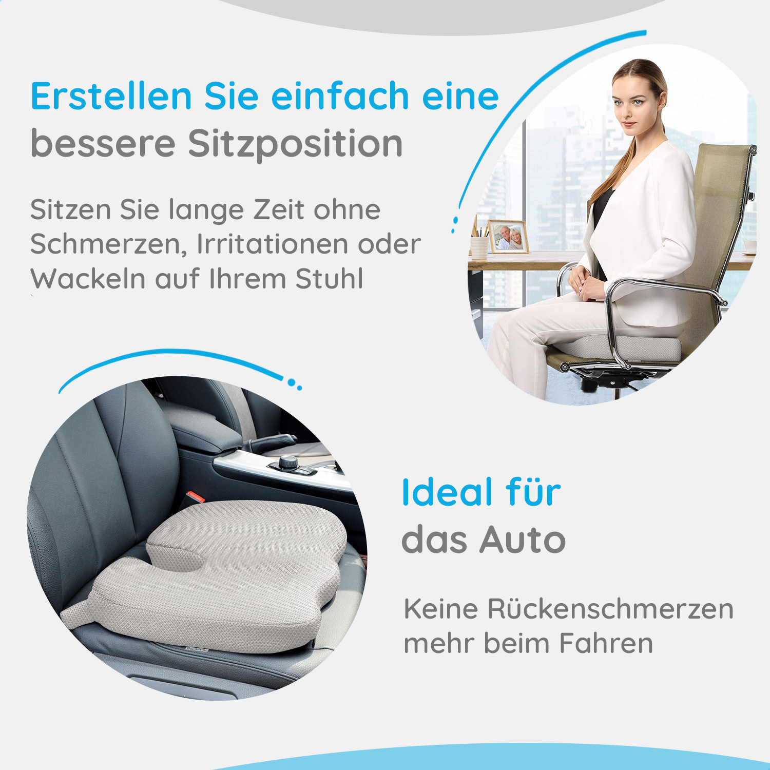 Das Bild zeigt eine Frau, die auf einem Stuhl sitzt, einen Autositz und ein Kissen. Texte sind auf Deutsch und werben für bessere Haltung und Schmerzlinderung.