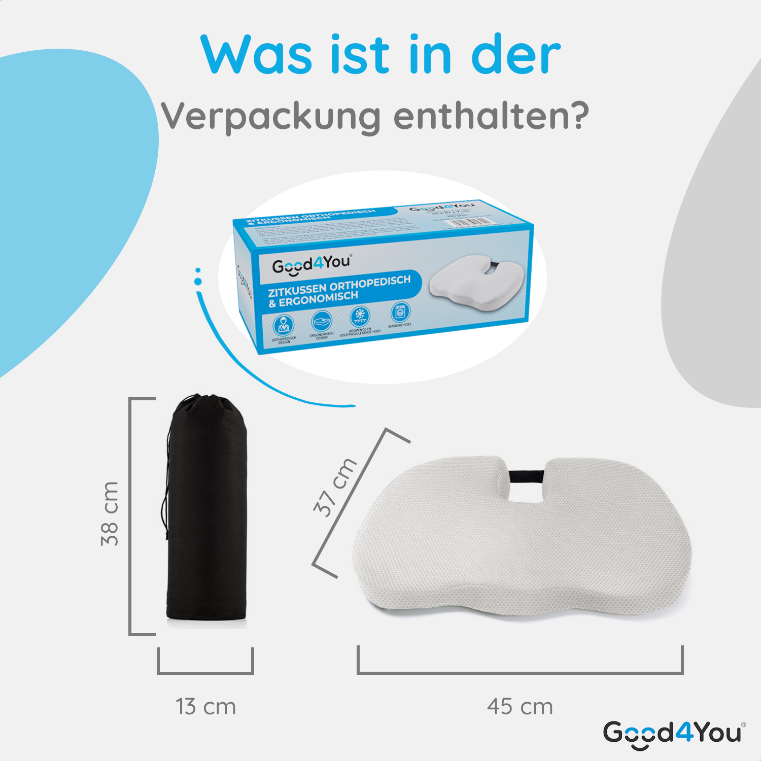 Das Bild zeigt ein Sitzkissen mit Abmessungen und einer Tragetasche. Eine Box mit Produktname und Eigenschaften ist ebenfalls vorhanden.