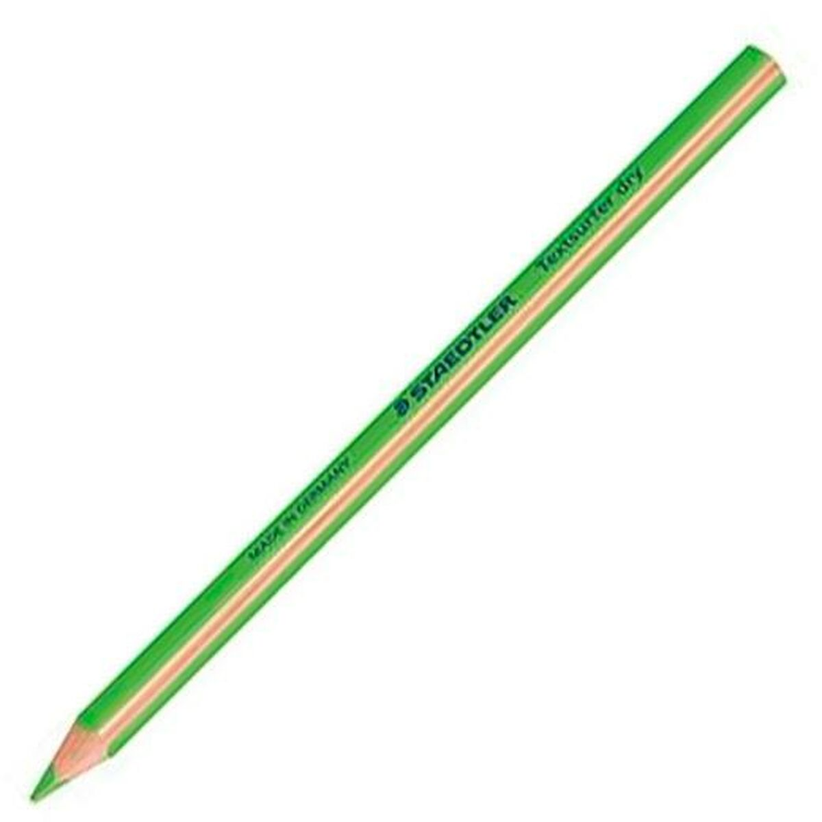 Grüner Staedtler Textsurfer dry Bleistift mit orangefarbenem Streifen, spitzer Spitze und Text Made in Germany.