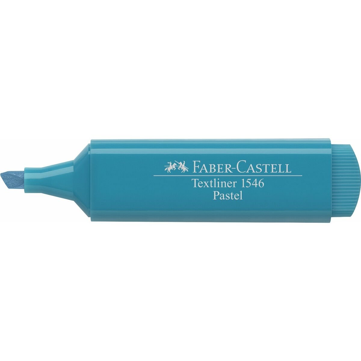 Ein hellblauer Faber-Castell Textliner 1546 Pastel Textmarker. Auf dem Textmarker steht 'Faber-Castell Textliner 1546 Pastel'.