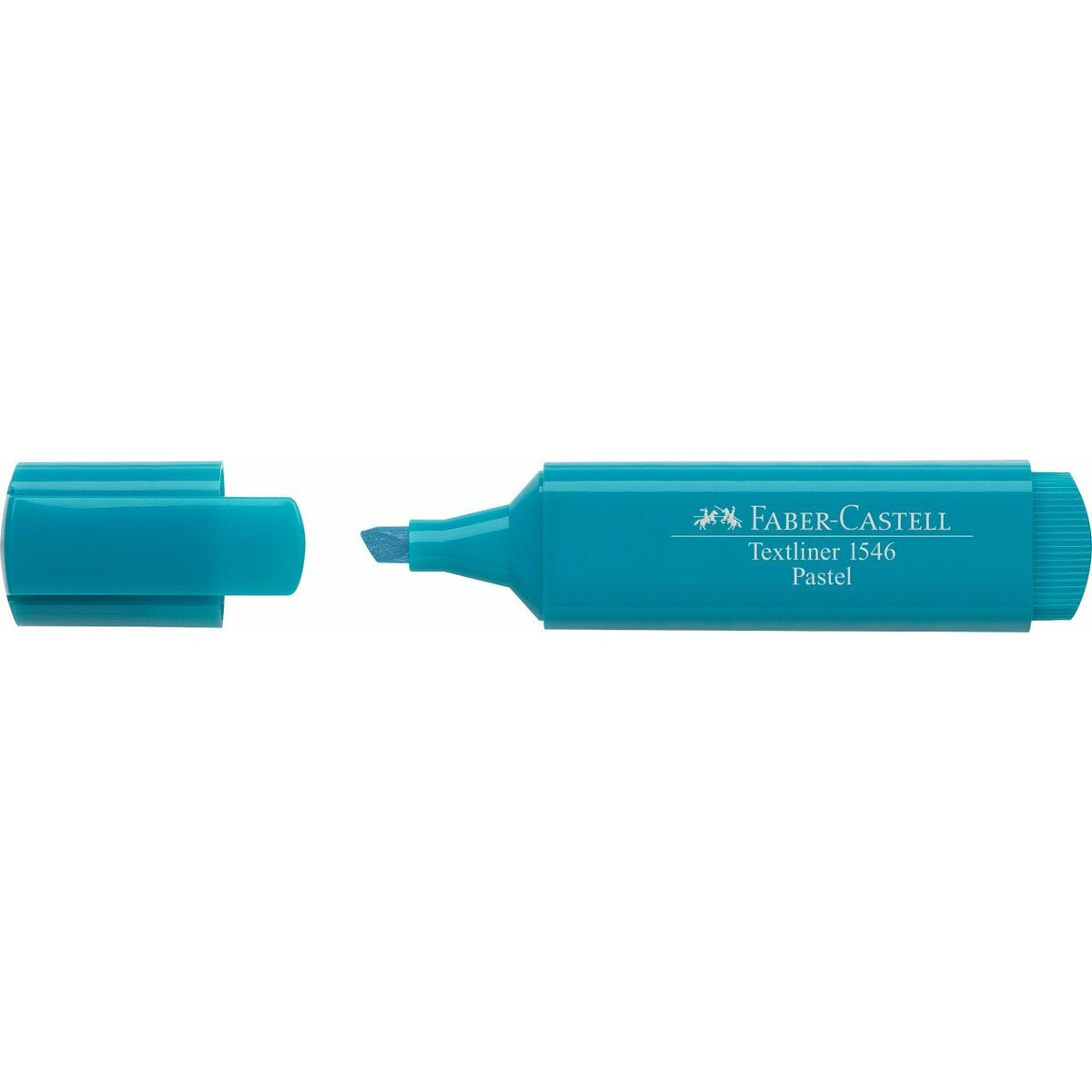 Ein türkisfarbener Faber-Castell Textliner 1546 Pastel Marker, Kappe abgenommen. Die Spitze ist sichtbar. Der Marker befindet sich auf weißem Hintergrund.