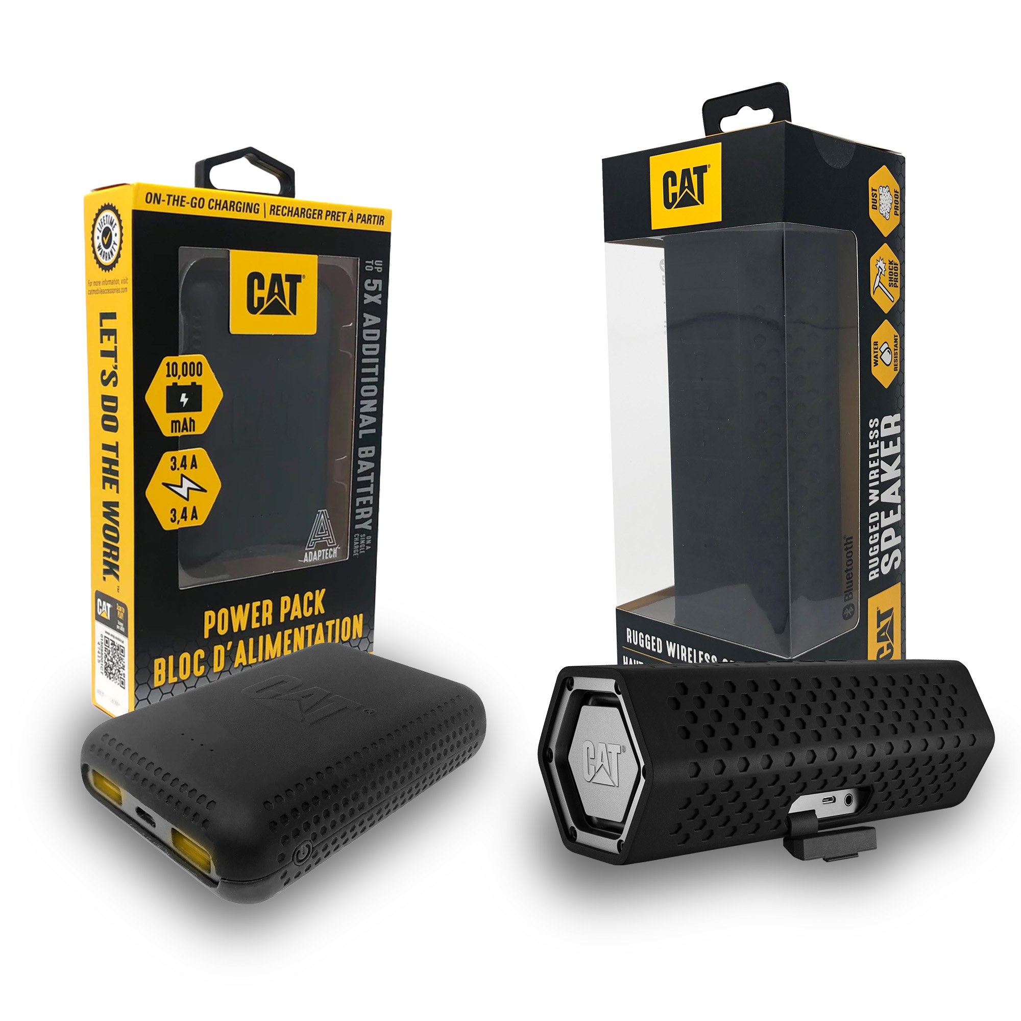 La imagen muestra un banco de energía negro y un altavoz negro, ambos con la marca CAT. Hay cajas detrás de ellos, también con la marca CAT.