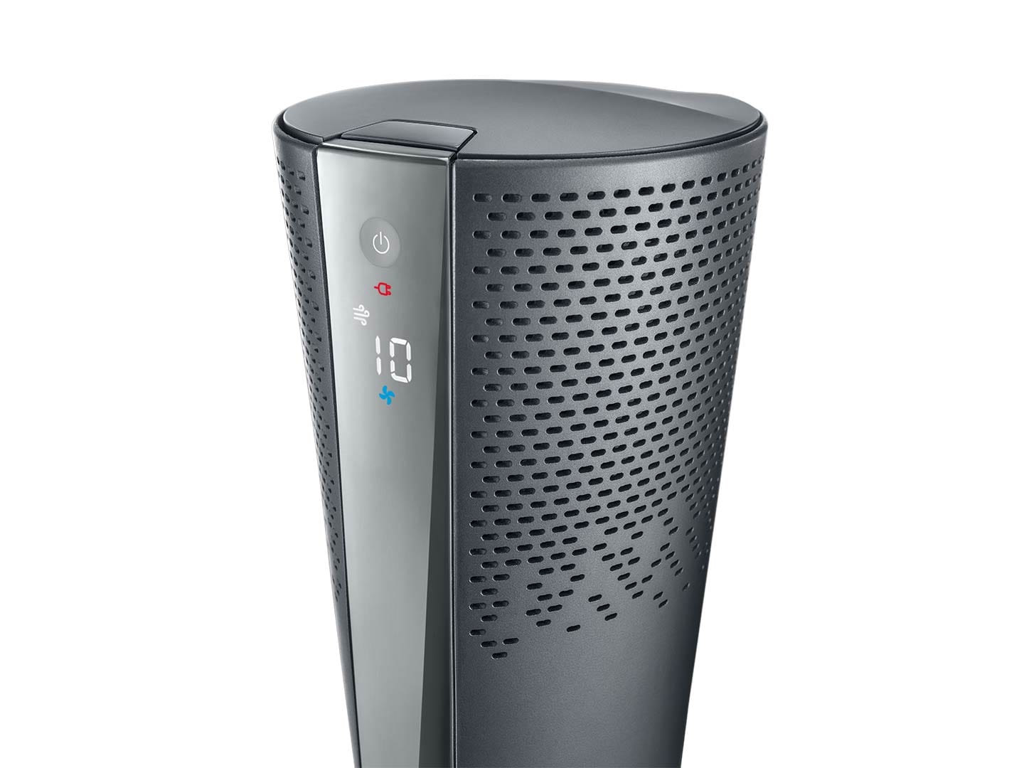 Ciemnoszary wentylator wieżowy z cyfrowym wyświetlaczem pokazującym liczbę 10. Z boku perforacje i przycisk zasilania.