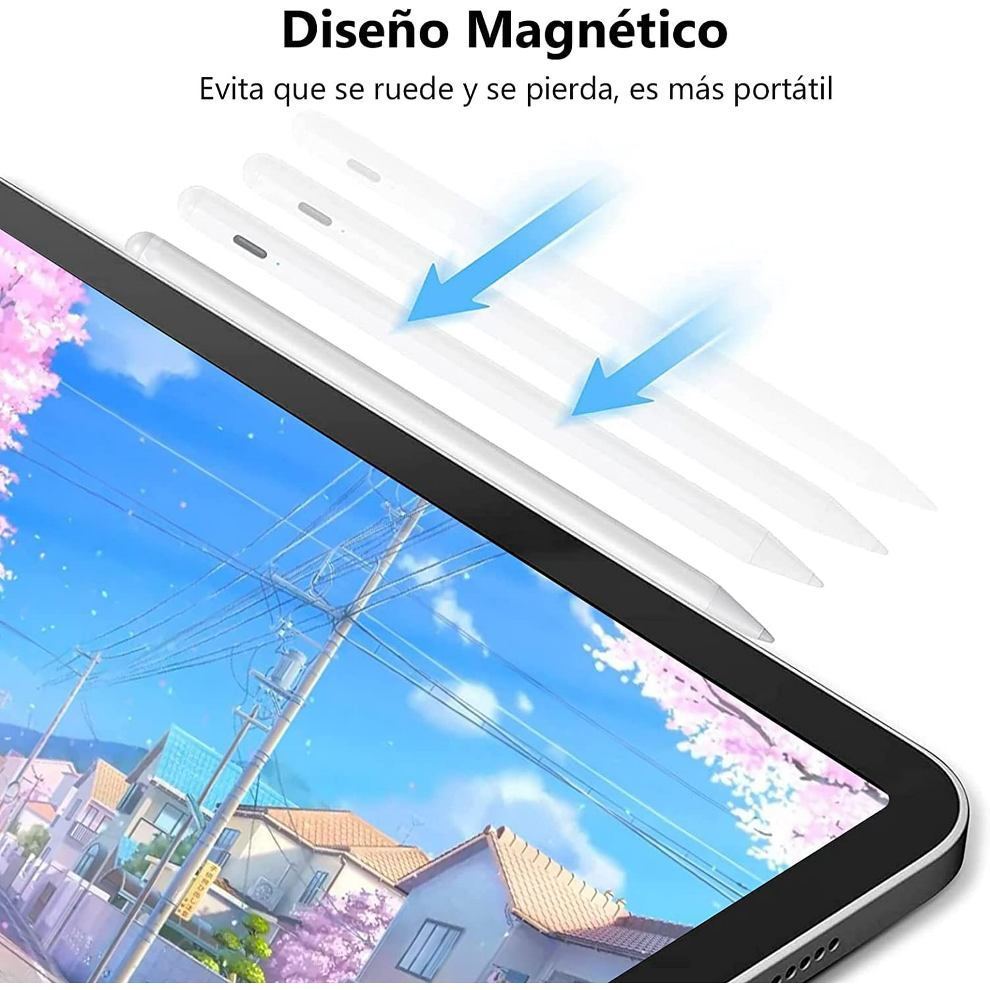 Ein Tablet zeigt eine Stadt im japanischen Stil. Weiße Stifte sind abgebildet, darüber Text mit magnetischem Design.