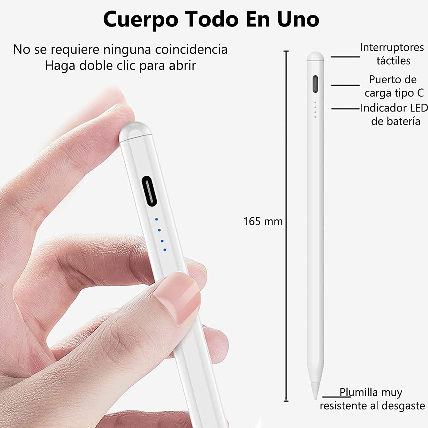 Ein weißer Stift wird von einer Hand gehalten. Er hat eine Taste, LED-Anzeigen und einen USB-C-Anschluss. Textbezeichnungen.