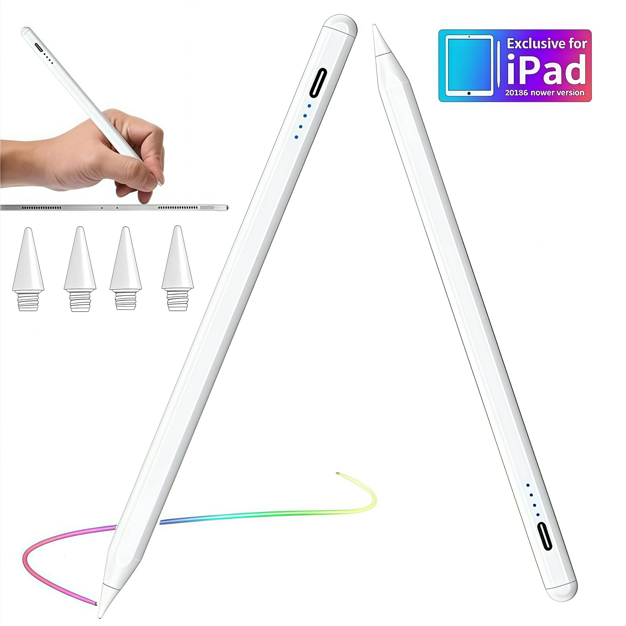 Weißer iPad-Stift mit zusätzlichen Spitzen, eine Hand, die ihn benutzt, und ein iPad. Außerdem ein "Exklusiv für iPad"-Aufkleber.