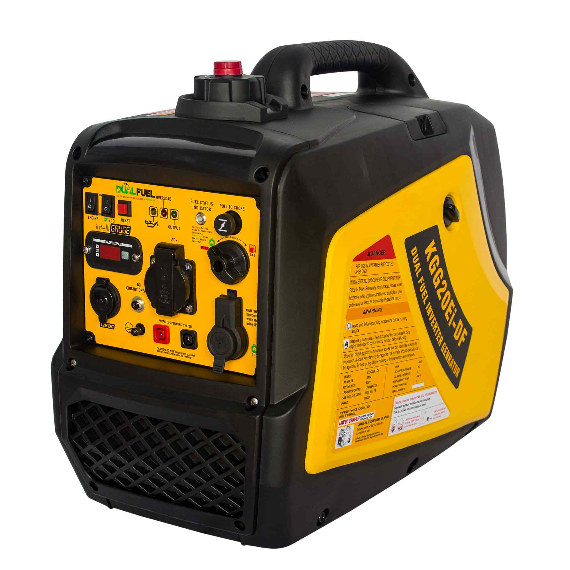 Un generador inversor de combustible dual negro y amarillo. Tiene varios controles y etiquetas. Incluye un asa y rejillas de ventilación.