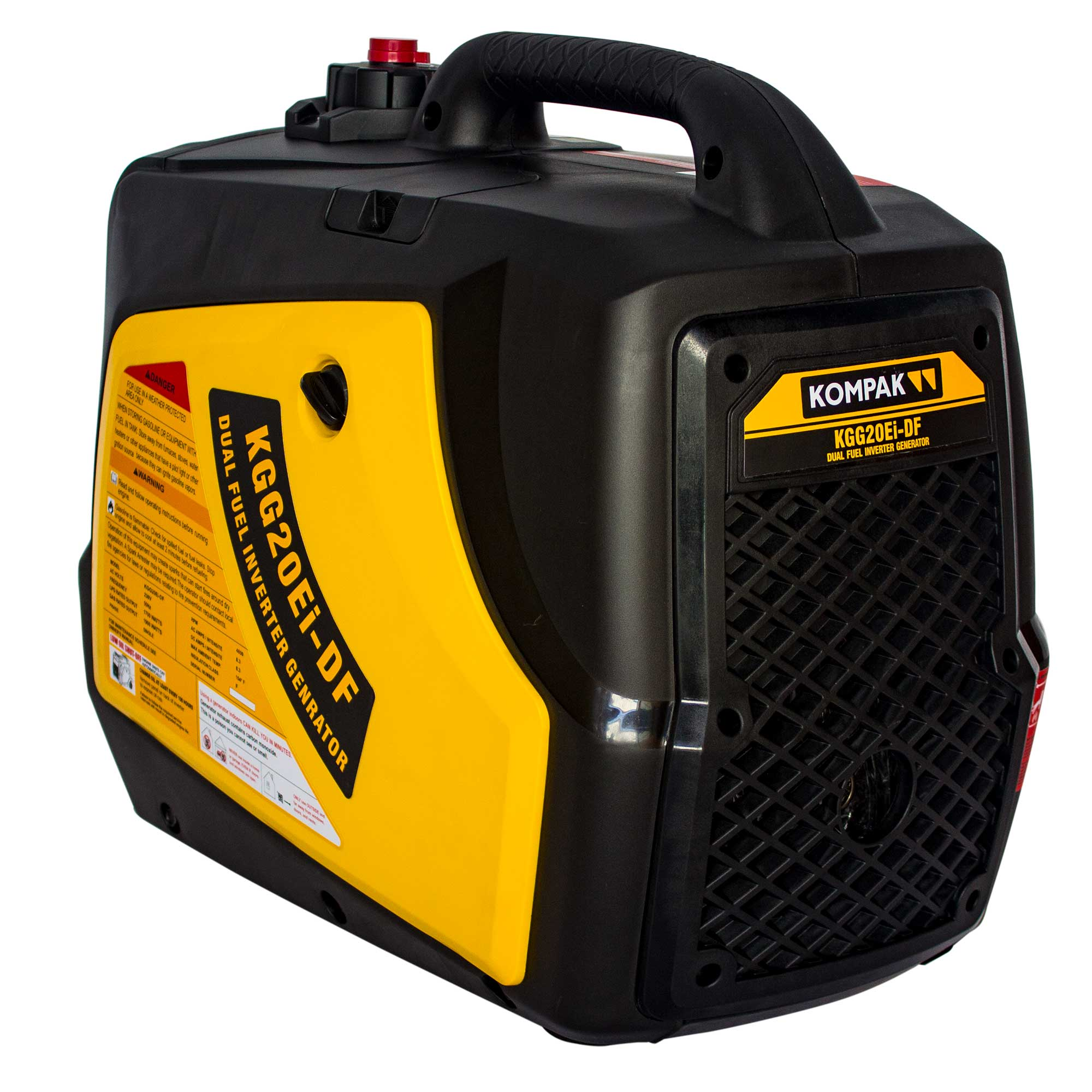 Un generador inversor de combustible dual Kompak KGG20Ei-DF negro y amarillo con asa y etiquetas de advertencia.