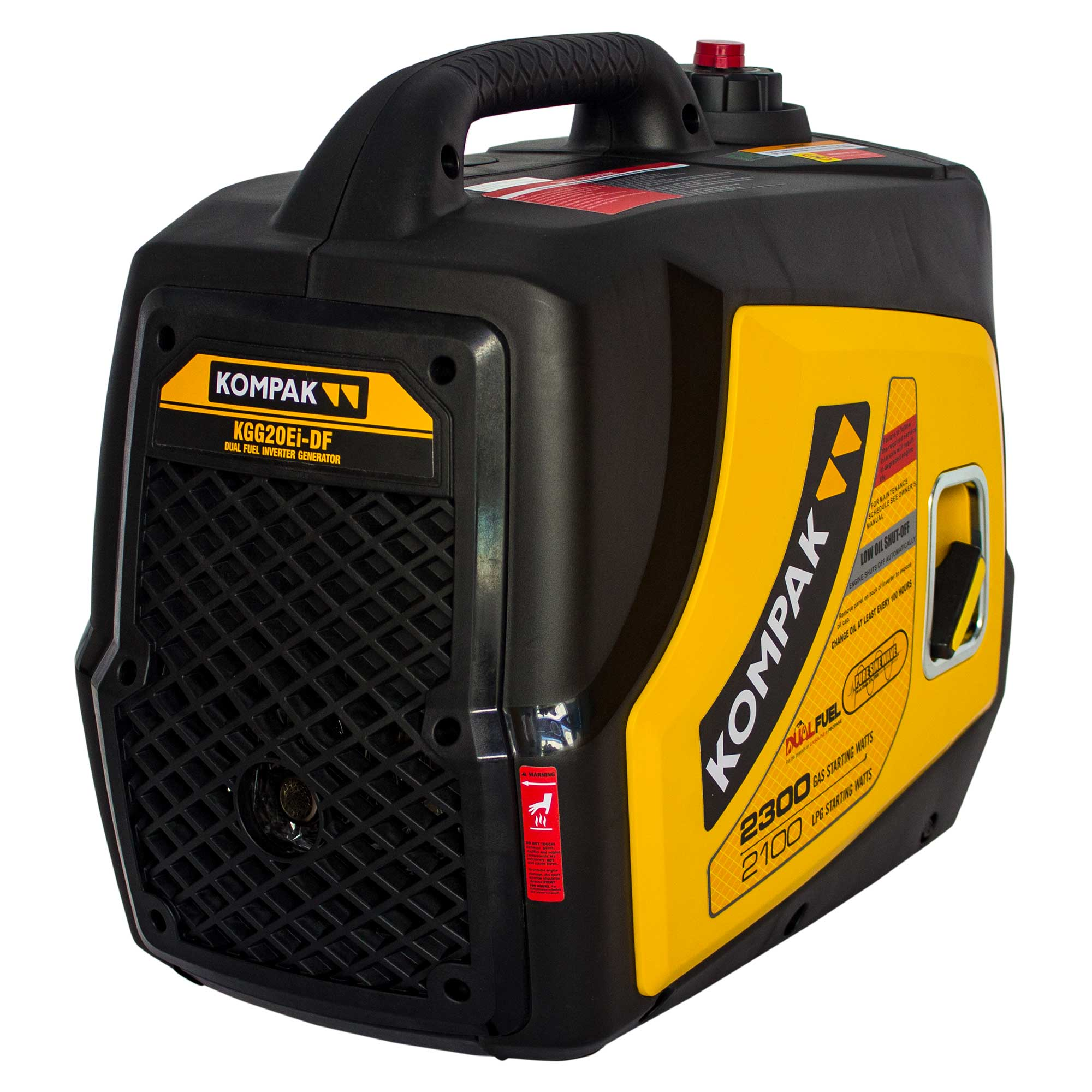 Un generador Kompak de combustible dual negro y amarillo. Tiene un asa y varias etiquetas con especificaciones y advertencias.