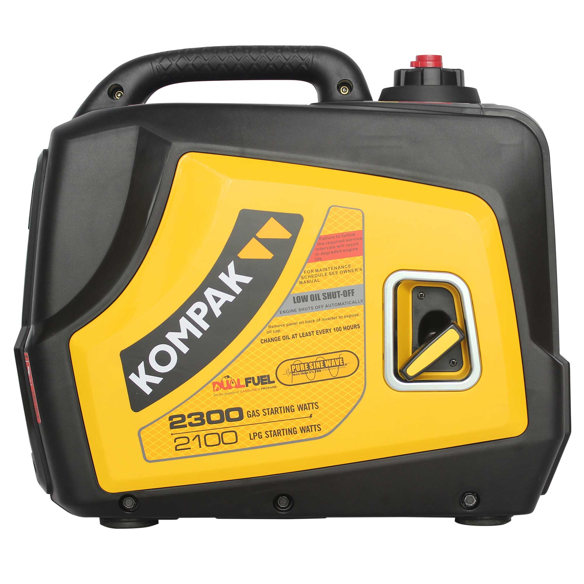 Un generador Kompak negro y amarillo con asa y panel de control. Tiene una tapa roja y etiquetas con texto.