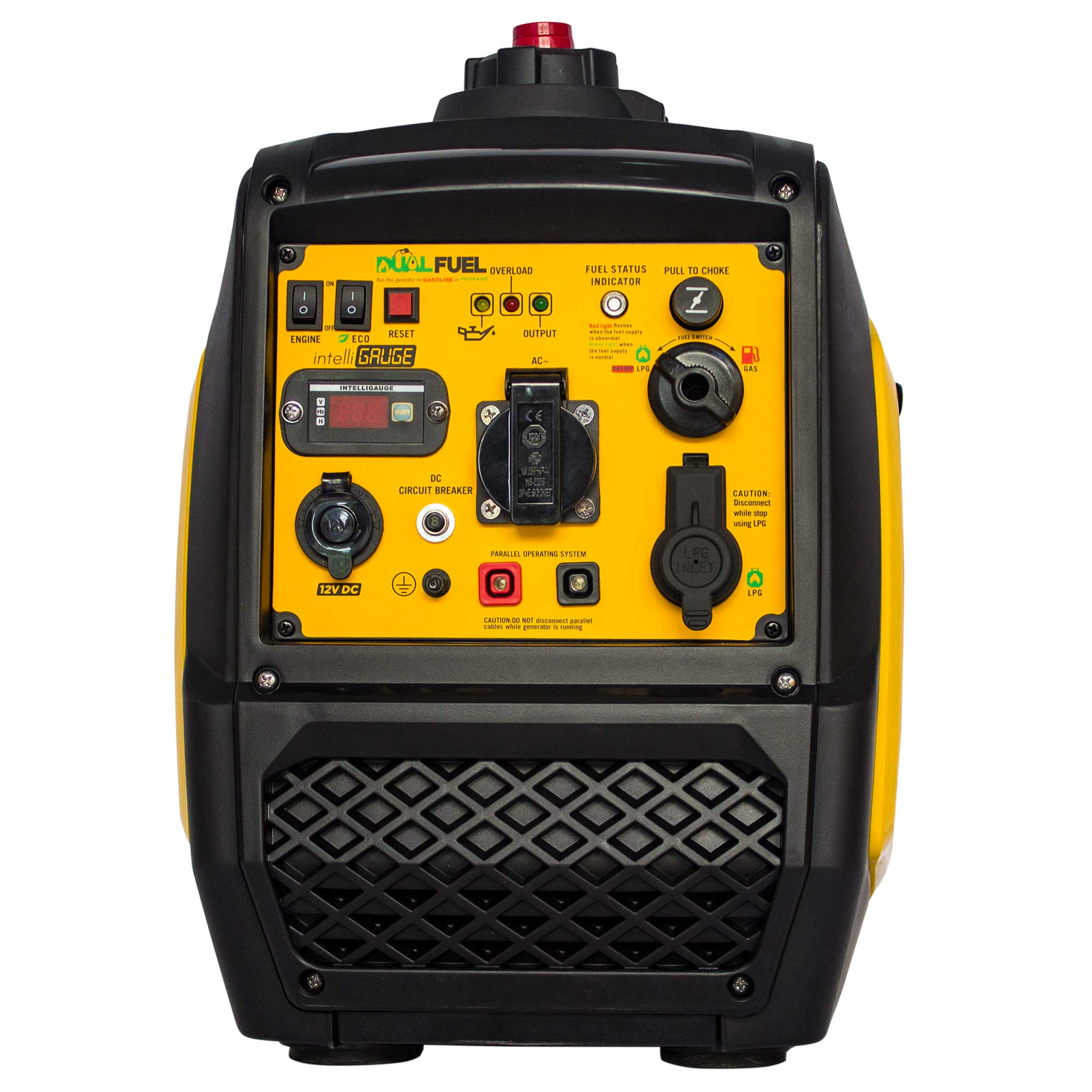 Un generador amarillo y negro con varios controles e indicadores. Tiene una tapa de combustible roja y un respiradero negro.