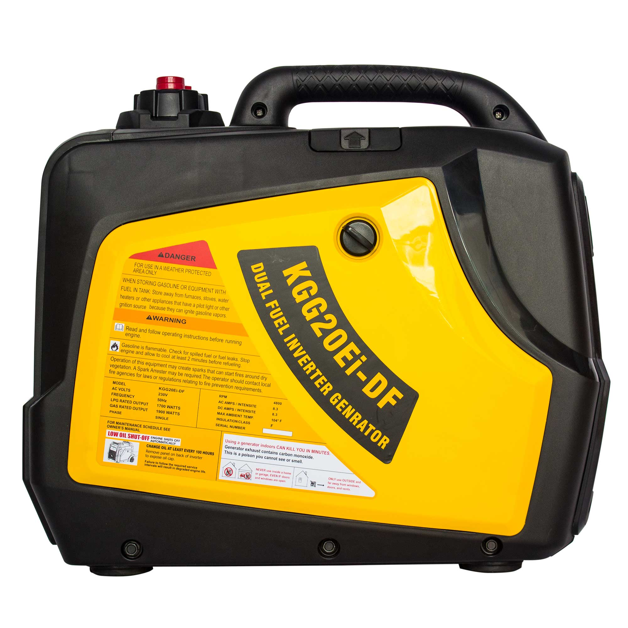 Generador inversor de combustible dual negro y amarillo. Tiene un asa, etiquetas de advertencia e información del modelo.