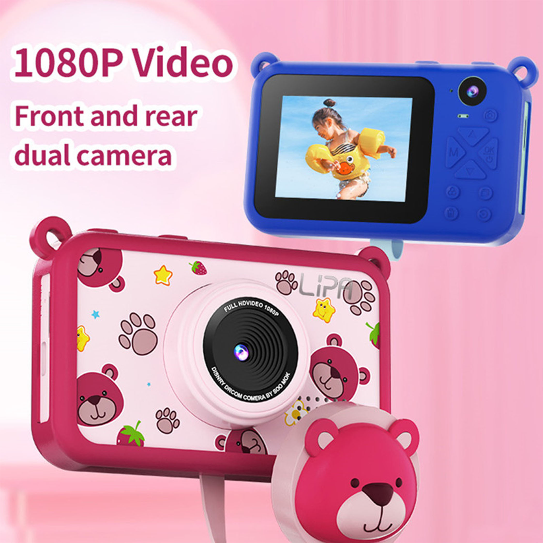 Dwa zabawki aparaty; jeden różowy, jeden niebieski. Niebieski aparat pokazuje dziecko w basenie. Tekst: Wideo 1080P, przednia i tylna kamera.