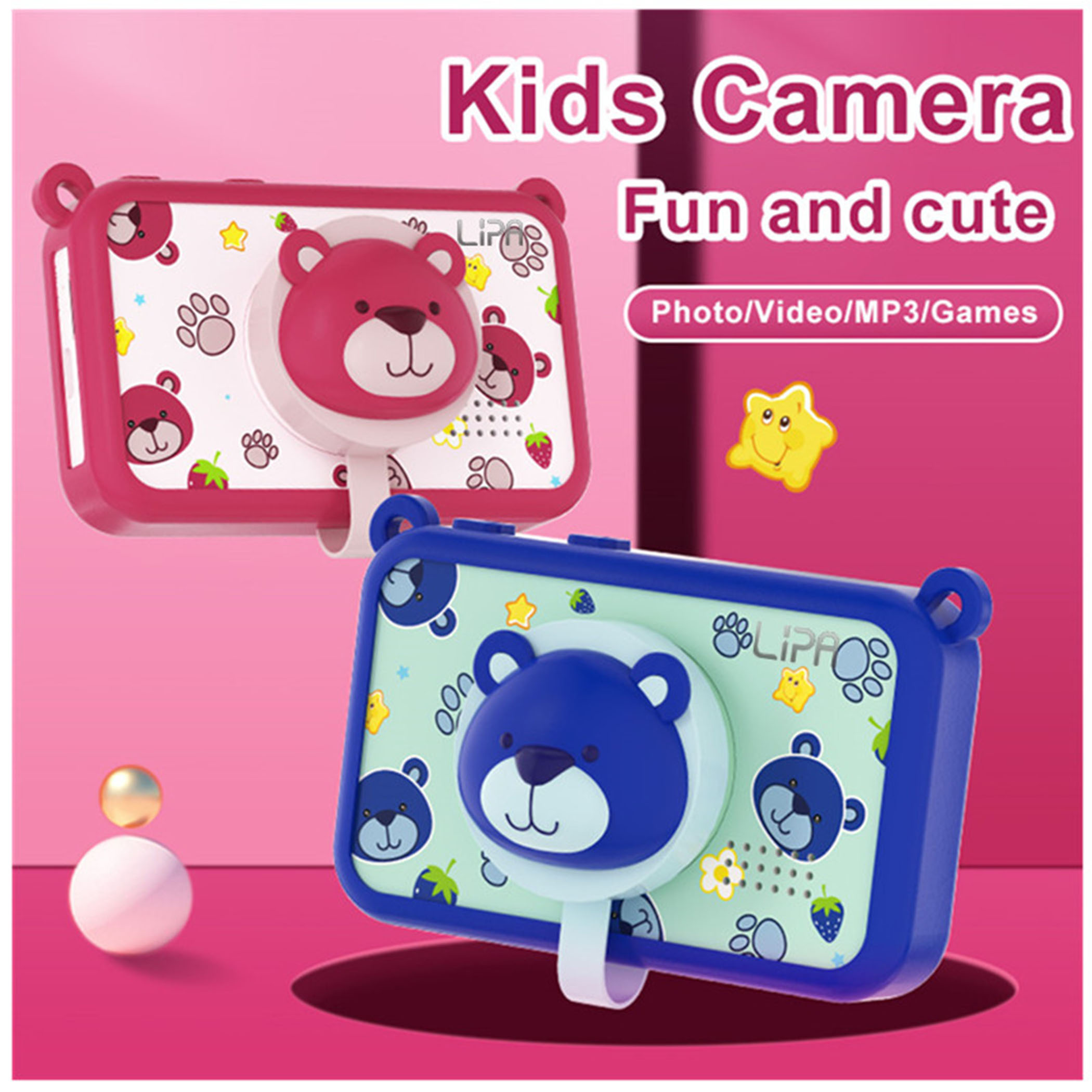 Dwa zabawki aparaty z twarzami niedźwiedzi. Jeden jest czerwony, drugi niebieski. Tło jest różowe i zawiera tekst.