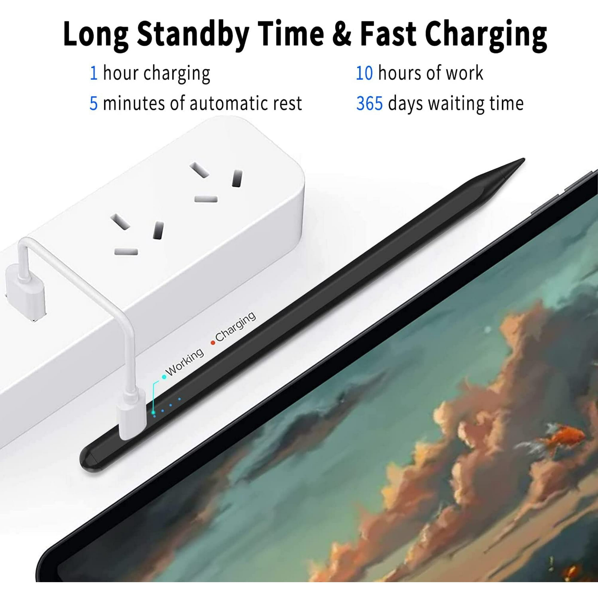 Ein schwarzer Stift wird über einen weißen Adapter aufgeladen. Text lautet 'Long Standby Time & Fast Charging'.