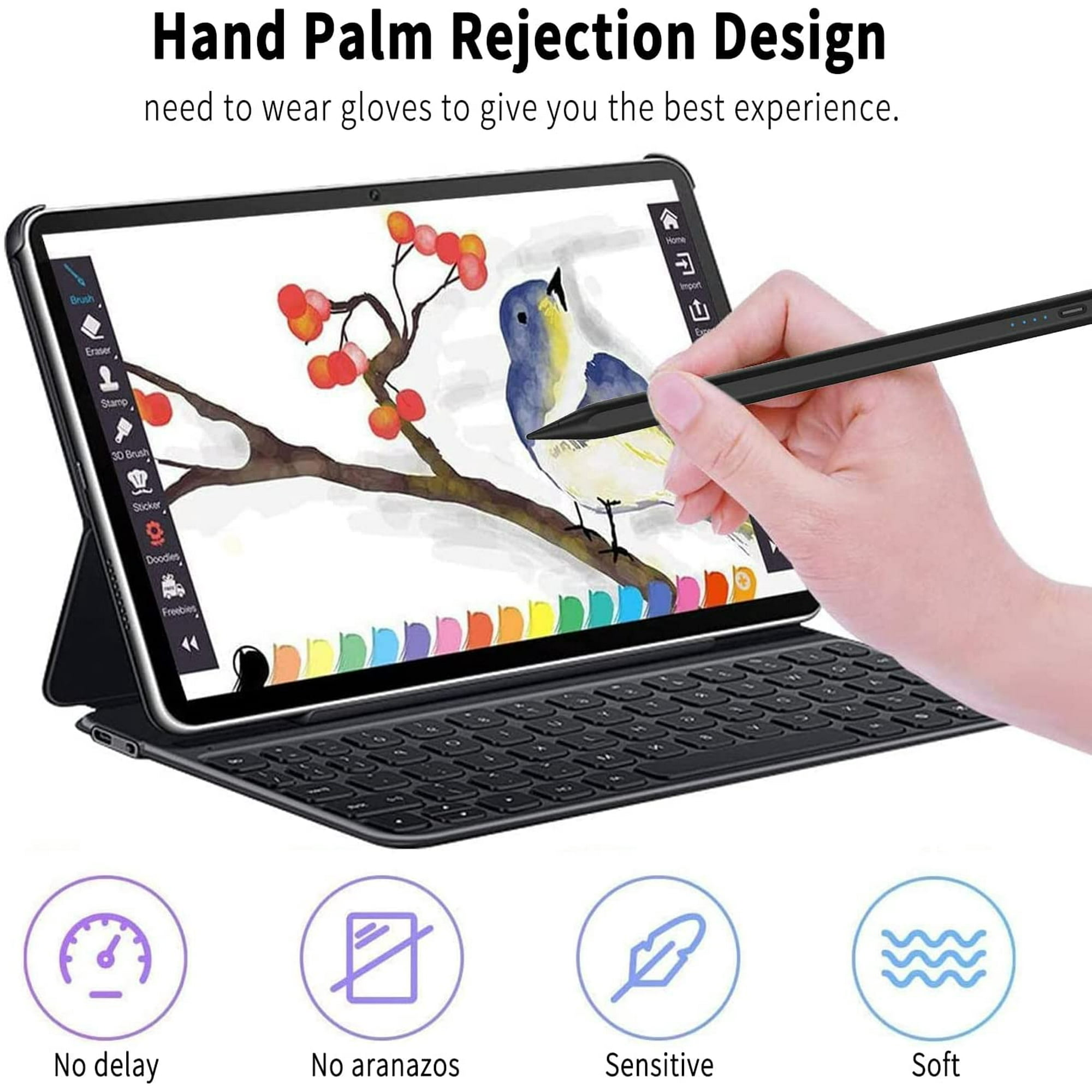 Eine Hand, die einen Stift auf einem Tablet benutzt und einen Vogel zeichnet. Das Tablet befindet sich auf einer Tastatur.