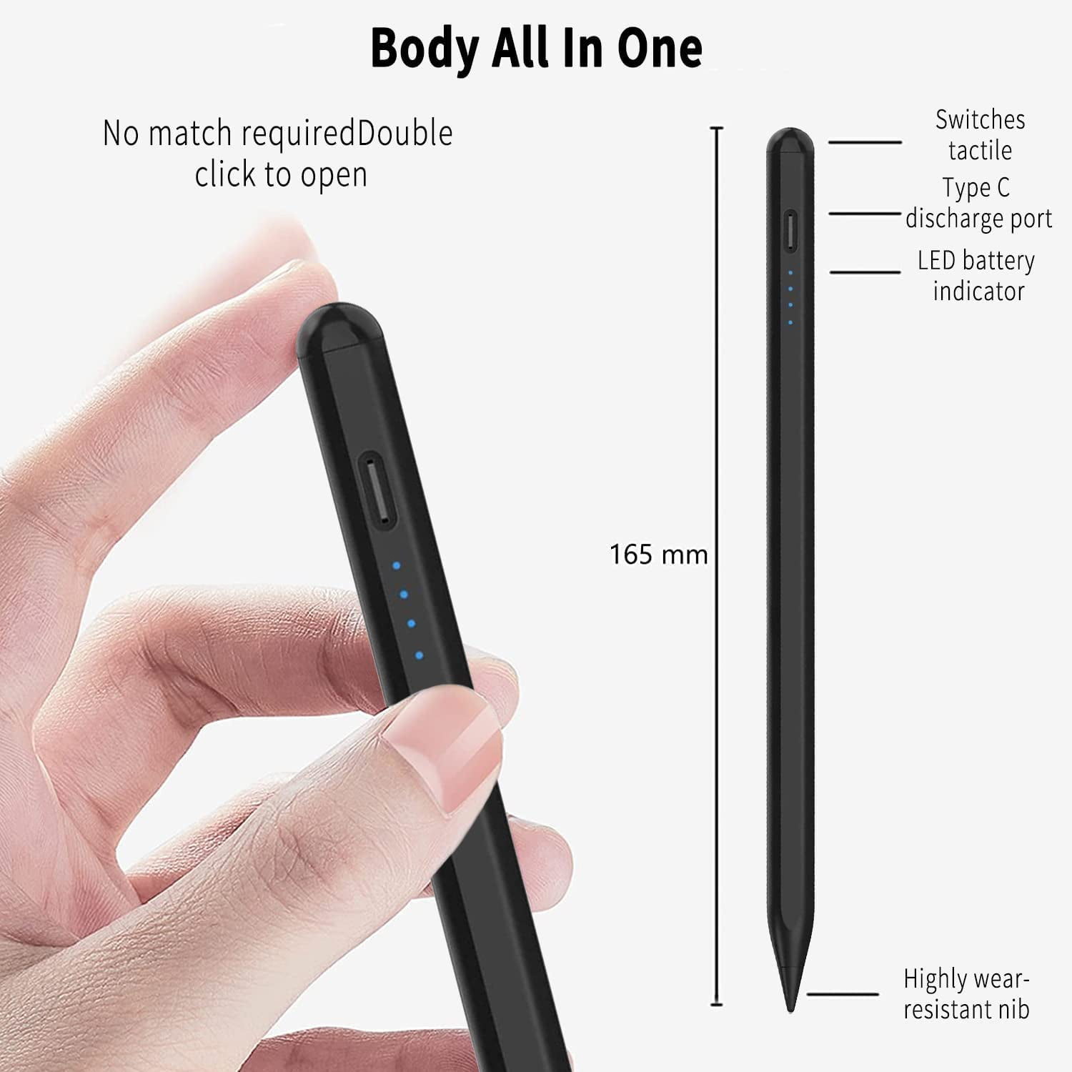 Eine Hand hält einen schwarzen Stift mit Beschriftungen: Schalter, Typ-C-Anschluss, LED-Anzeige und verschleißfeste Spitze. Der Text lautet 'Body All In One'.