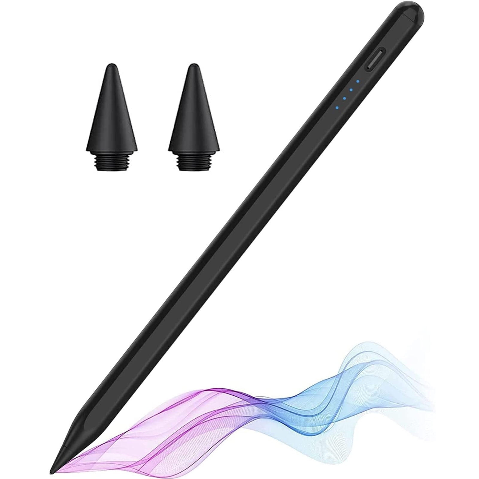 Schwarzer Stift mit zwei Ersatzspitzen. Der Stift hat einen Ein-/Ausschalter und eine Batteriestandsanzeige. Abstraktes Wellendesign unten.