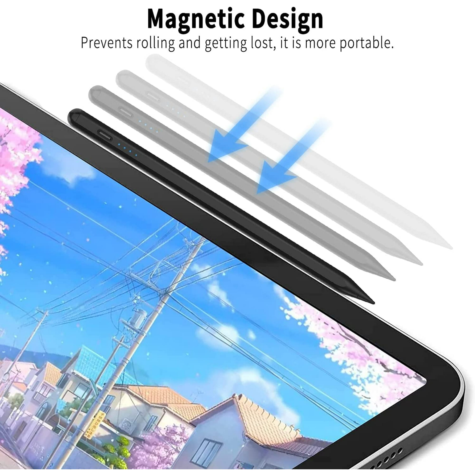 Das Bild zeigt ein Tablet mit Stift. Im Hintergrund ist eine Stadtlandschaft mit blauem Himmel und rosa Blumen zu sehen.