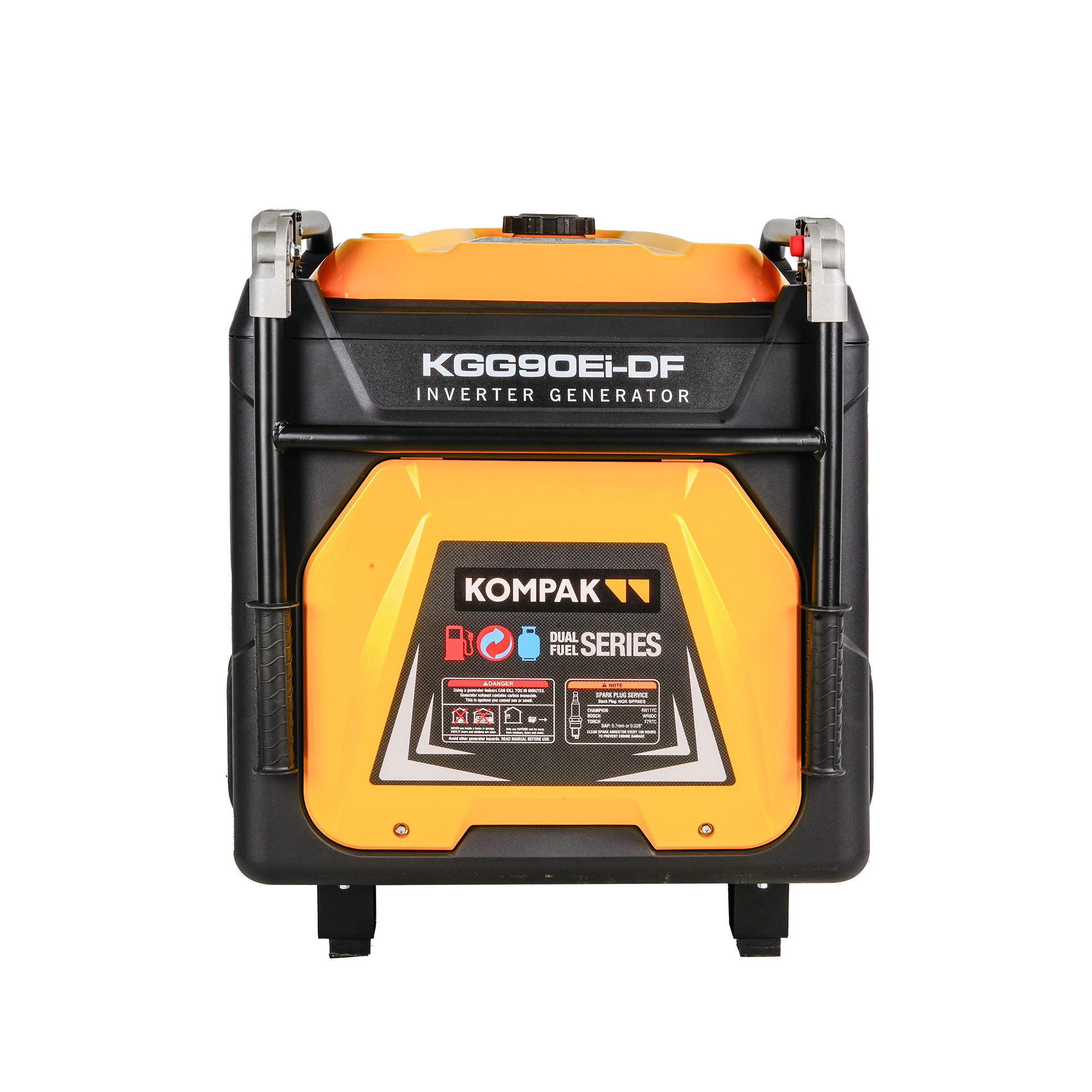 Un generador inversor Kompak naranja y negro. Tiene una etiqueta de serie de combustible dual y el modelo es KGG90EI-DF.