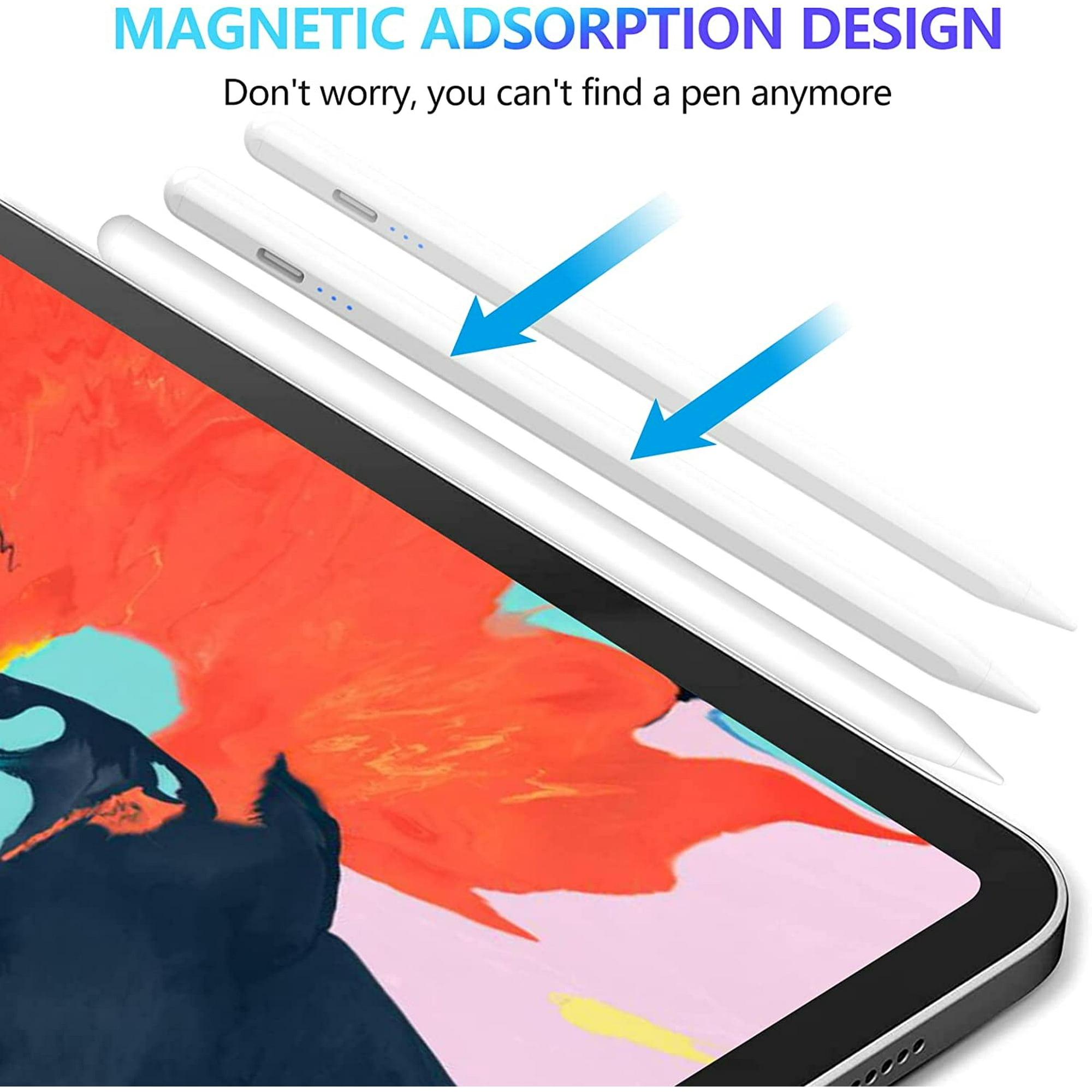 Das Bild zeigt ein Tablet mit drei weißen Stiften, blauen Pfeilen und einem bunten Bildschirm. Der Text oben lautet 'Magnetic Adsorption Design'.