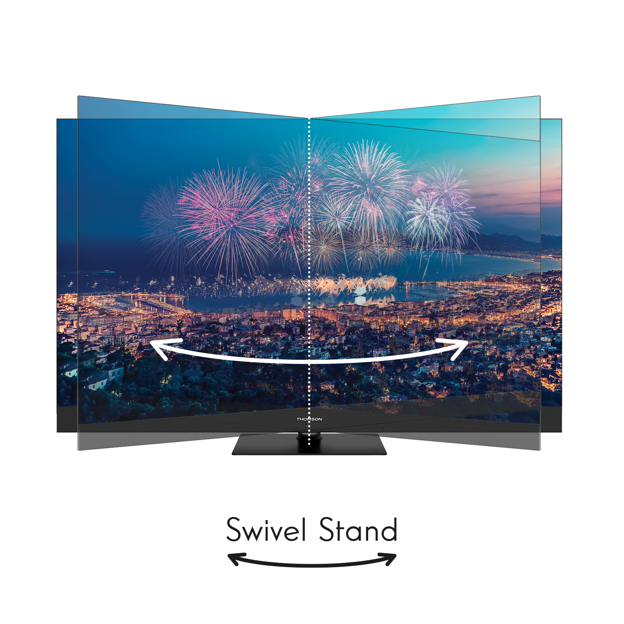 Un televisor curvo muestra fuegos artificiales sobre una ciudad. La pantalla está en ángulo. Se muestra un soporte giratorio debajo.