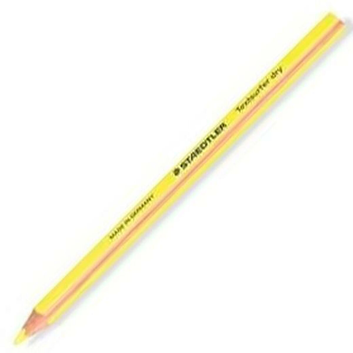 Ein gelber Staedtler Textsurfer Dry Bleistift. Der Stift ist abgewinkelt, mit einer Spitze unten links und Text entlang der Seite.