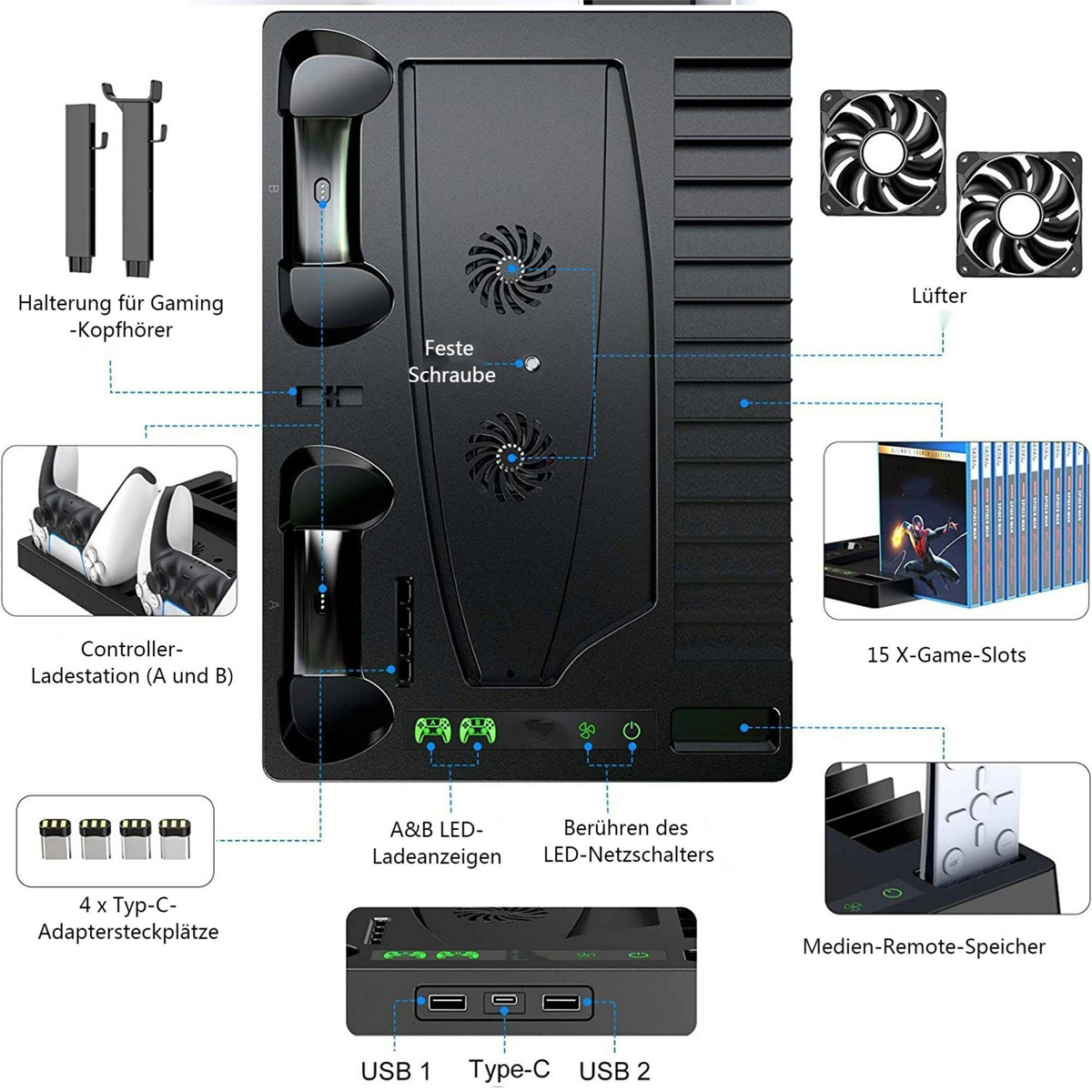 Schwarze Spielkonsole mit Controller-Ladestation, Spielautomaten, Lüftern, USB-Anschlüssen und Medien-Fernbedienungs-Speicher. Beschriftete Komponenten.