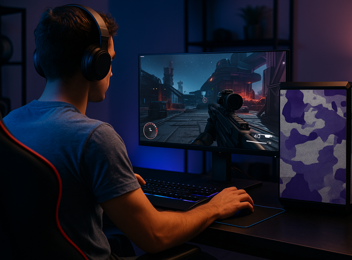 Osoba w słuchawkach gra w grę wideo na monitorze. Komputer z kamuflażem po prawej.