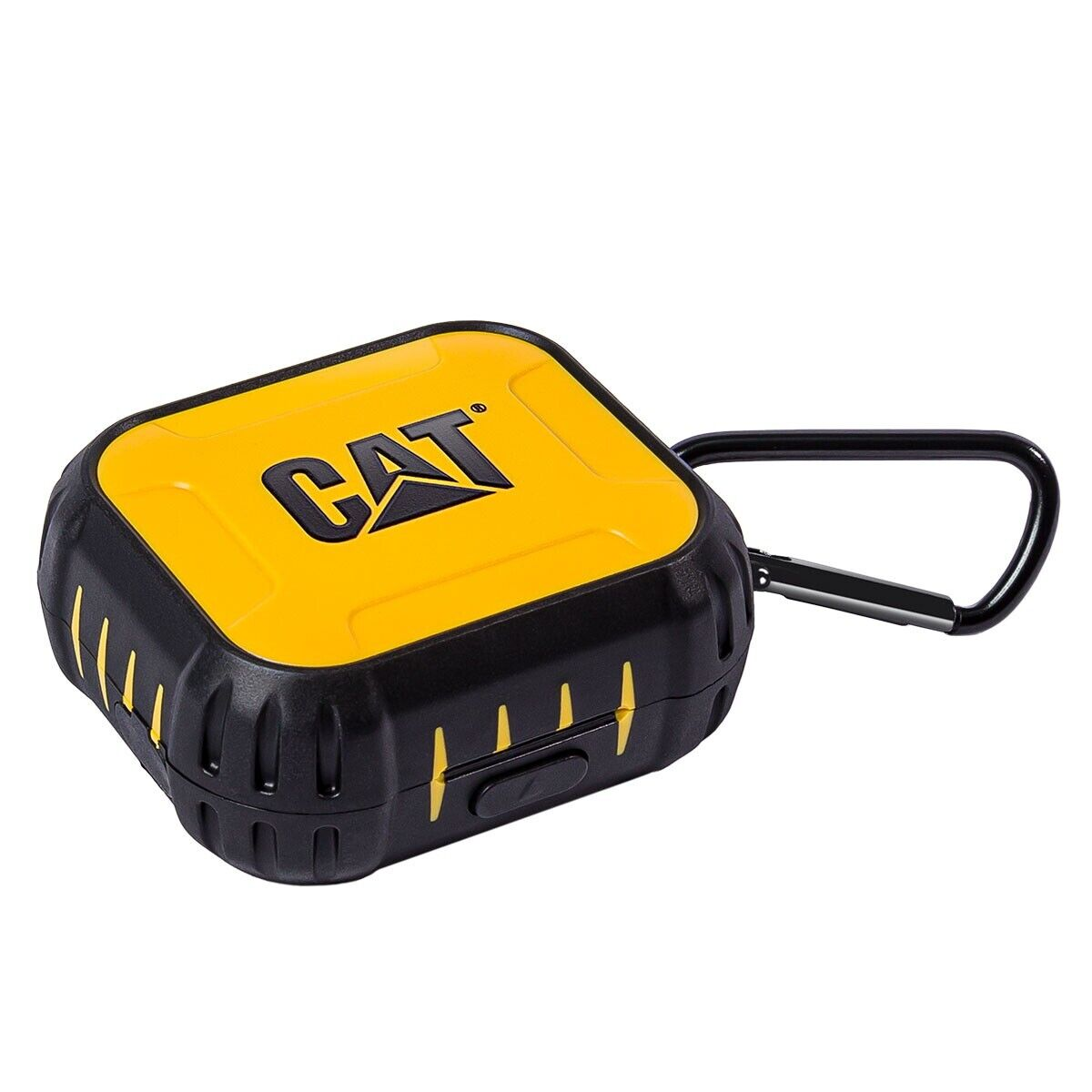 Funda de auriculares CAT amarilla y negra con mosquetón. El logotipo CAT es prominente en la parte superior. La funda es cuadrada y tiene un botón.