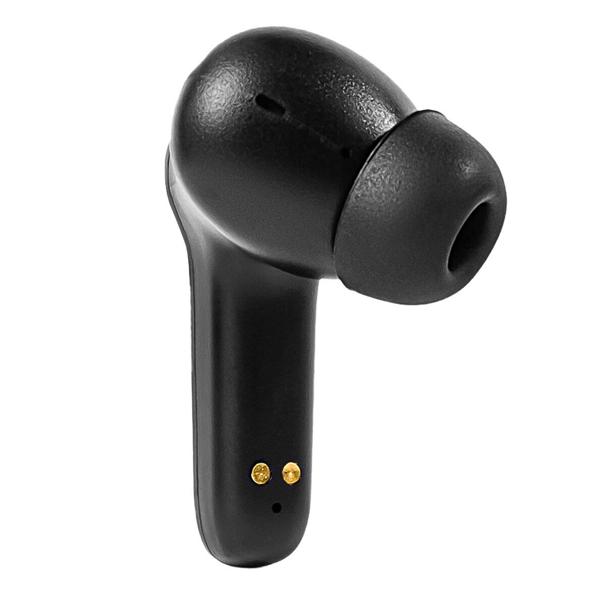 Un auricular inalámbrico negro con punta de goma. Tiene un tallo largo con dos contactos de carga dorados en la base.