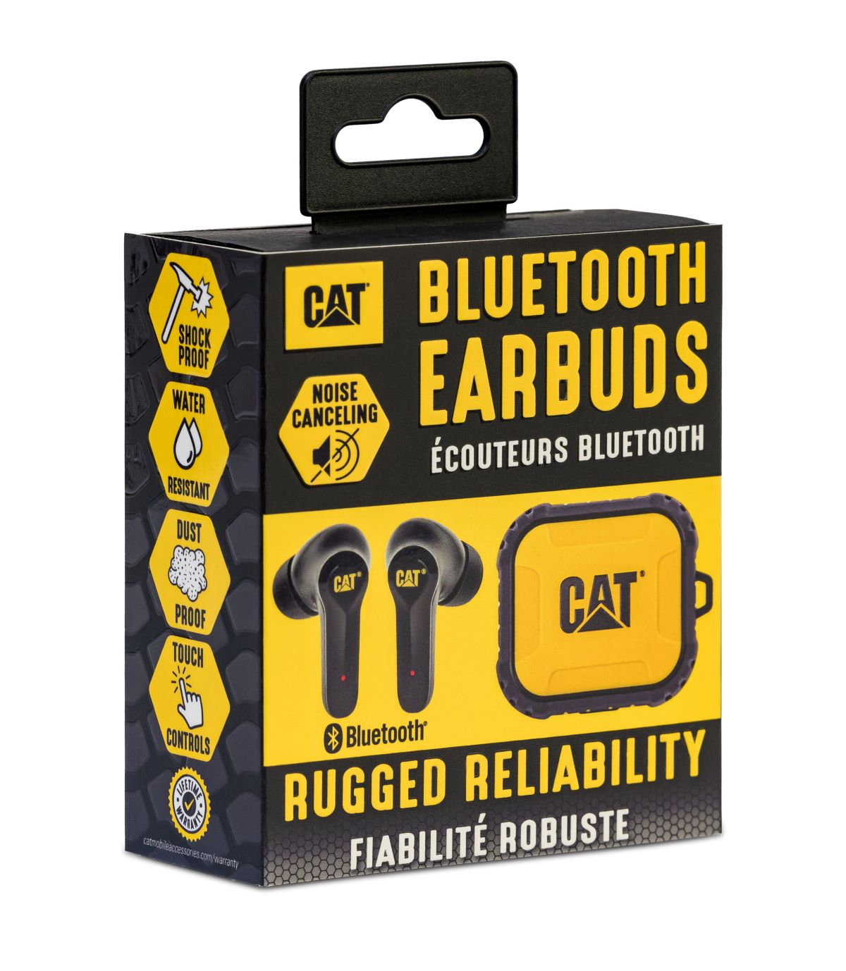 Una caja muestra auriculares Bluetooth CAT. El texto dice 'Fiabilidad robusta'. Los auriculares son negros, la caja es negra y amarilla. Se enumeran las características.