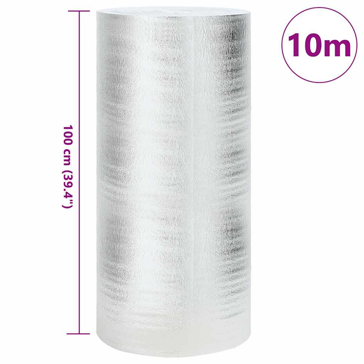 Eine silberne Isolierrolle mit Größenangaben: 10 m und 100 cm (39,4 Zoll).
