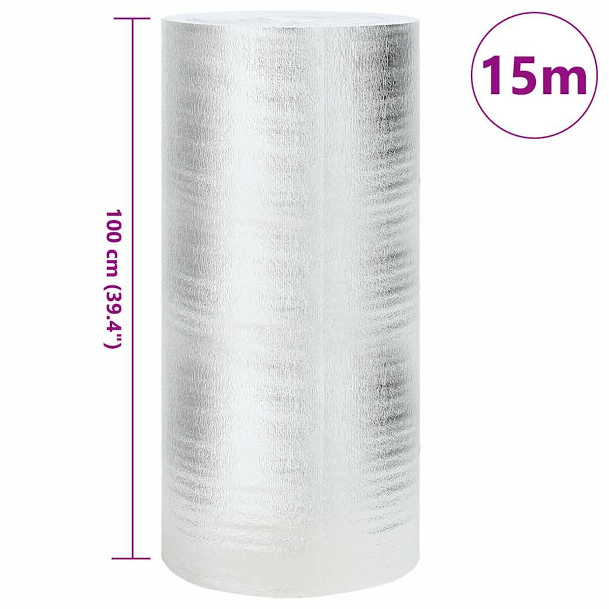 Eine Rolle silbernes Isoliermaterial mit einem violett umrandeten Text, der die Abmessungen von 100 cm und 15 m in einem Kreis zeigt.