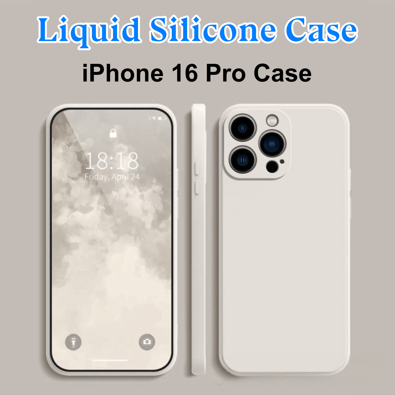 Bild zeigt eine weiße iPhone 16 Pro Hülle. Der Bildschirm zeigt Zeit und Datum. Text lautet 'Liquid Silicone Case'.