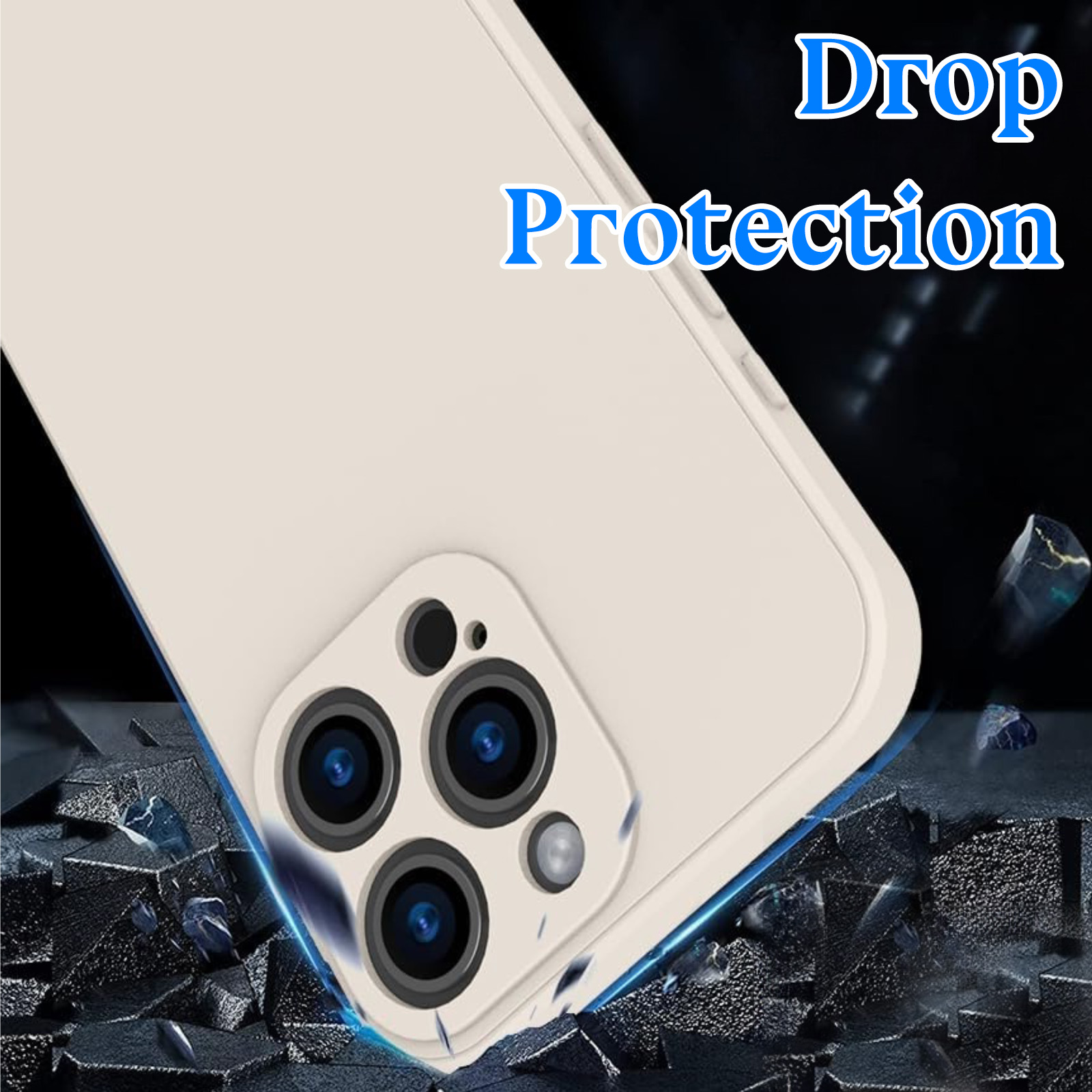 Cremefarbenes Telefongehäuse mit Aufschrift „Drop Protection“, Kameralinsen und dunklem Hintergrund mit Formen.