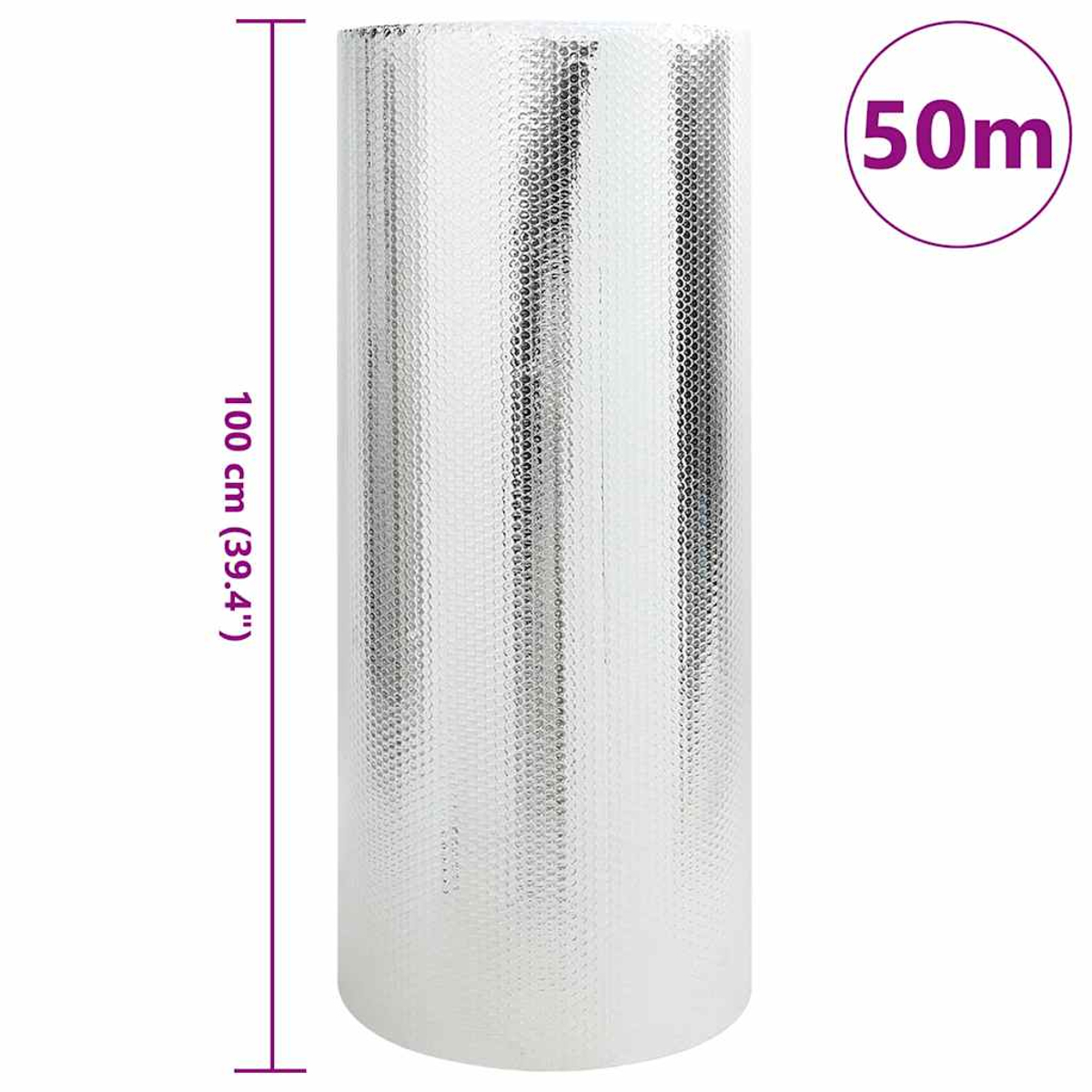 Eine silberne Materialrolle, 100 cm lang, mit einem 50 m-Etikett. Messmarkierungen sind abgebildet. Das Material hat eine strukturierte Oberfläche.