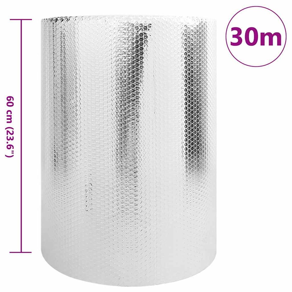 Eine Rolle silberner Luftpolsterfolie. Die Abmessungen sind 60 cm x 30 m. Eine lila Linie zeigt die Höhe an. Ein Kreis kennzeichnet die Länge.