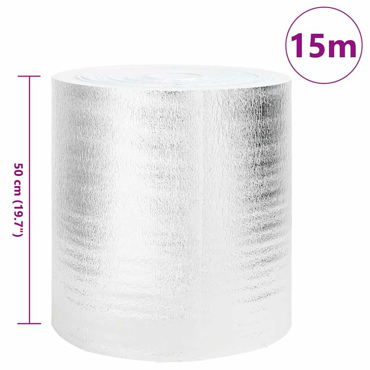 Eine Rolle silberfarbenes Isoliermaterial. Ein lila Kreis zeigt an, dass es 15 m lang ist. Die Abmessungen betragen 50 cm (19,7") hoch.